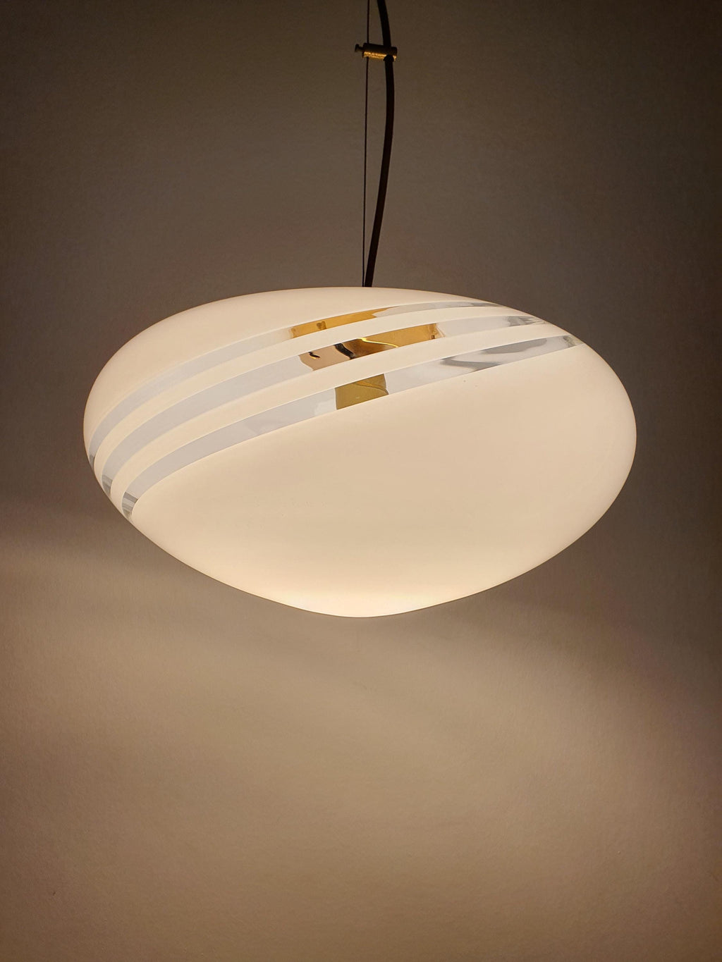 Murano Glass Pendant Light: White Swirl Globe, Italian MCM Lighting