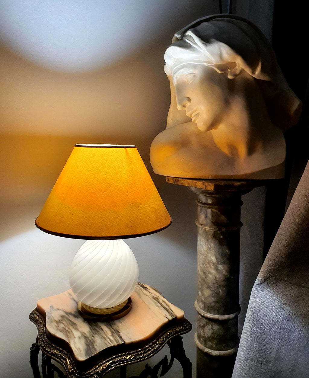 Vintage Murano glass bedside lamp, white candy swirl glass base, brass details, beige textile shade, Scandinavian MCM, Italy 1960s–1970s