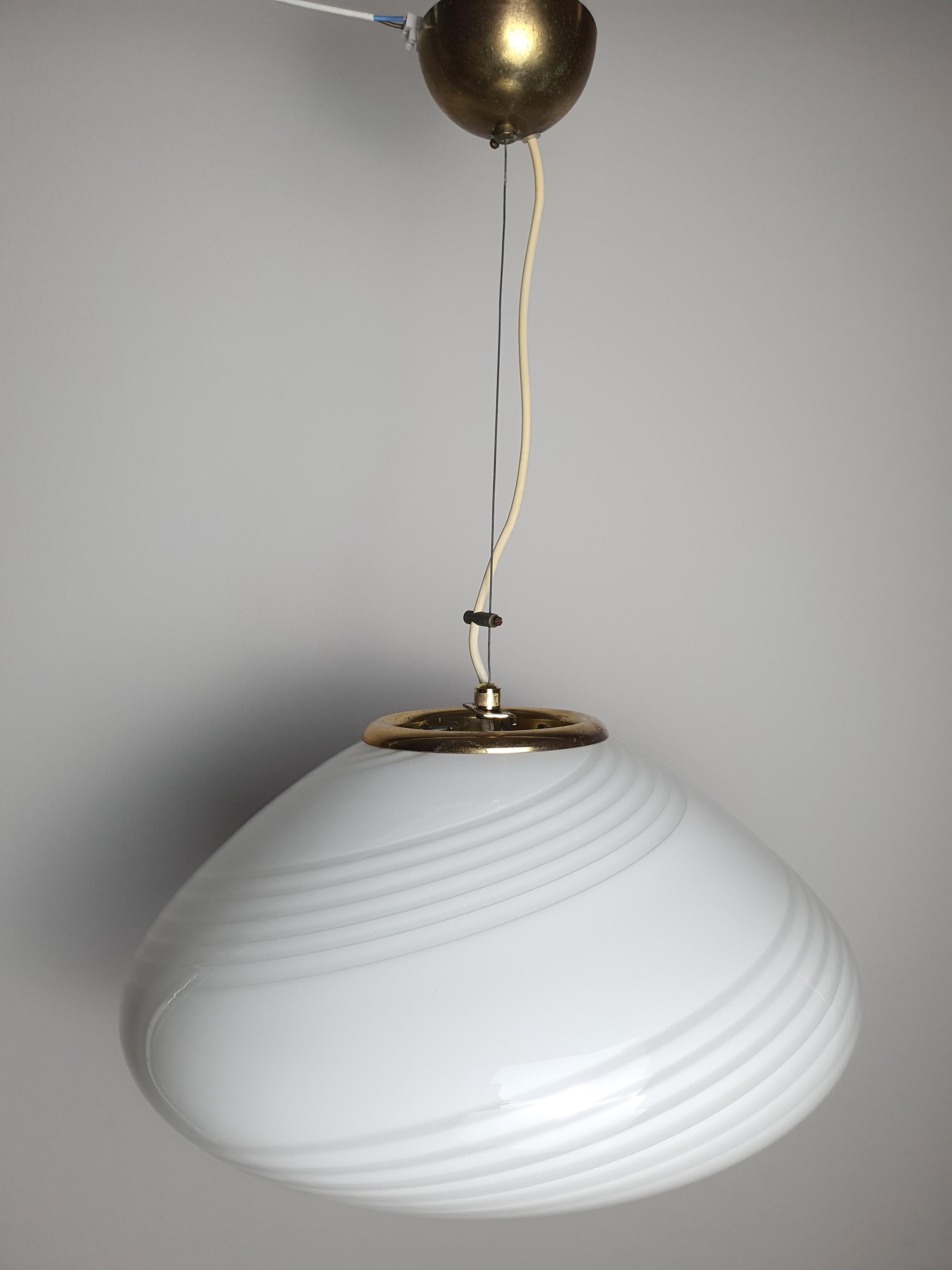 Murano white swirl oblate globe pendant front view, large 40cm wide flattened globe, elegant white swirl pattern, MCM minimalist