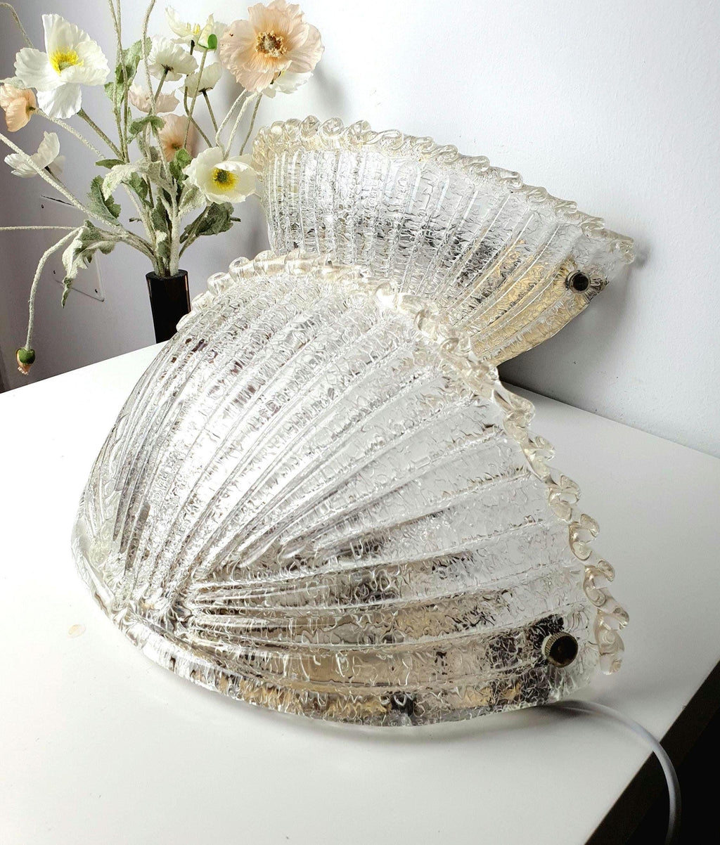 Pair of frosted Murano glass shell wall sconces with golden edge – mid-century Venetian floral wall lights.