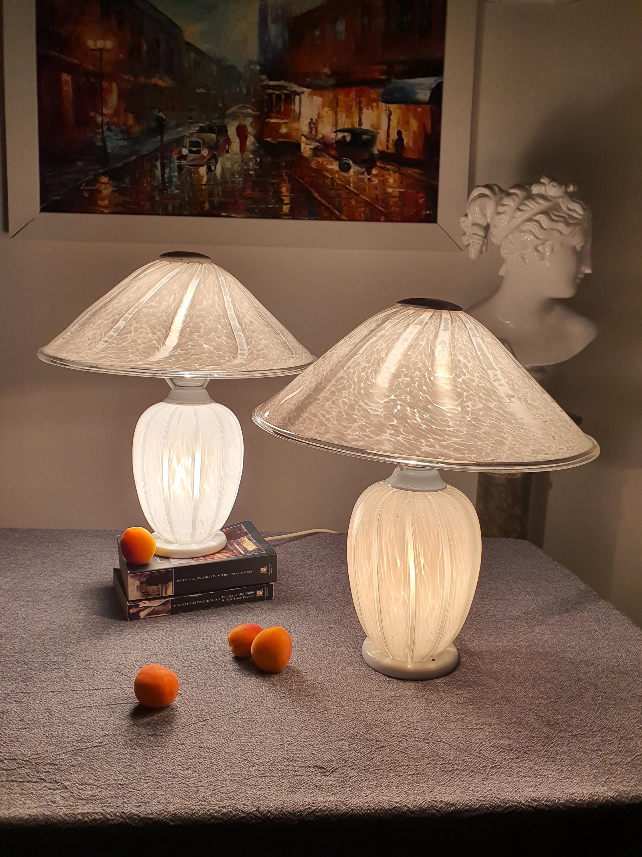 Pair of vintage Murano glass mushroom bedside lamps — white and grey wave pattern, front view