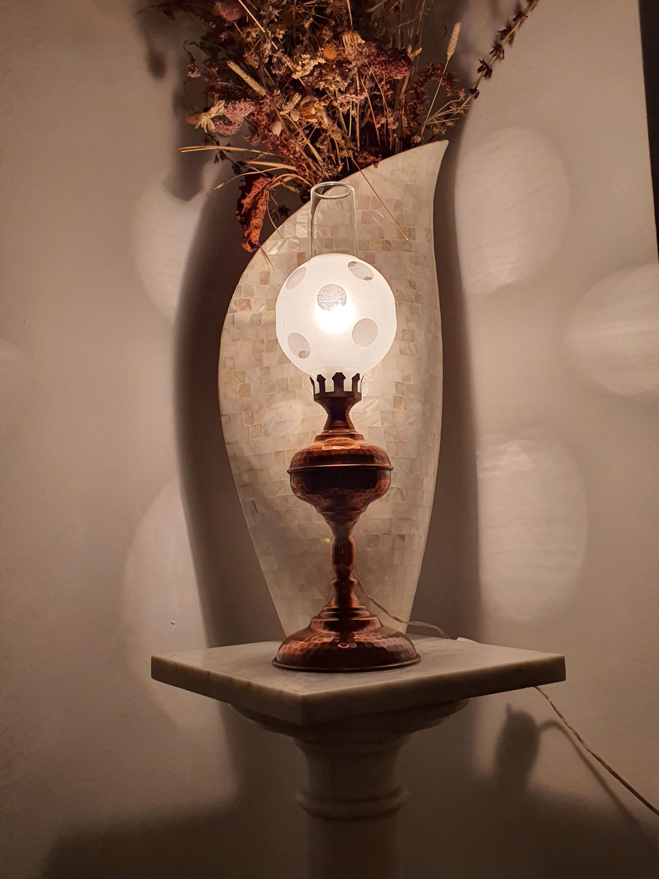Vintage 1950s Italian copper oil lamp front view, classic oil lamp silhouette, frosted clear spotted glass shade, 37cm height