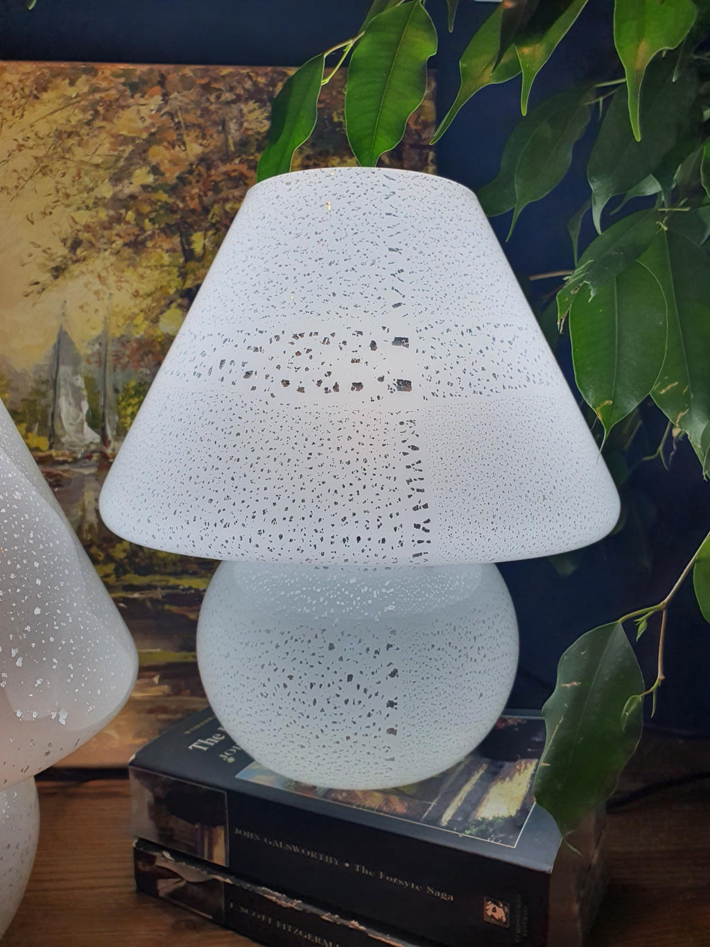 Lampes Champignon en Verre de Murano Vintage – Blanc & Argent, Paire de Chevet Scandinave