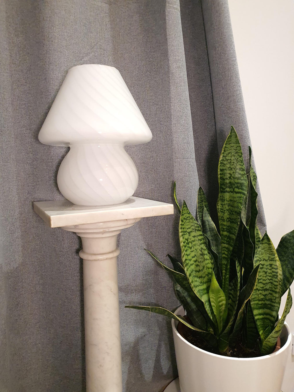 Vintage Murano Glass Mushroom Lamp: White Swirl, MCM Bedside Light