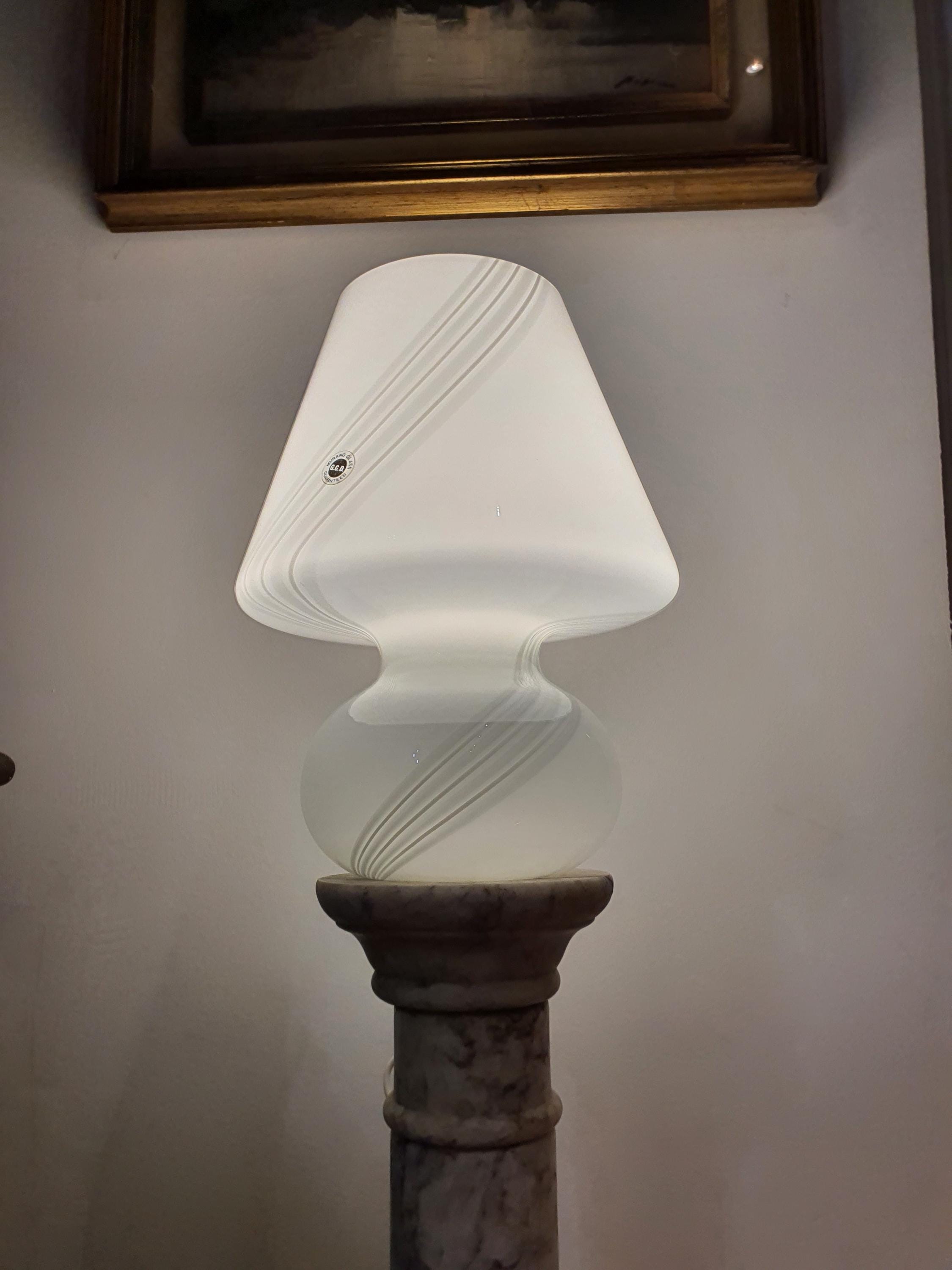 Murano Glass Mushroom Lamp: 1980s Mid Century Modern Swirl Bedside Light
