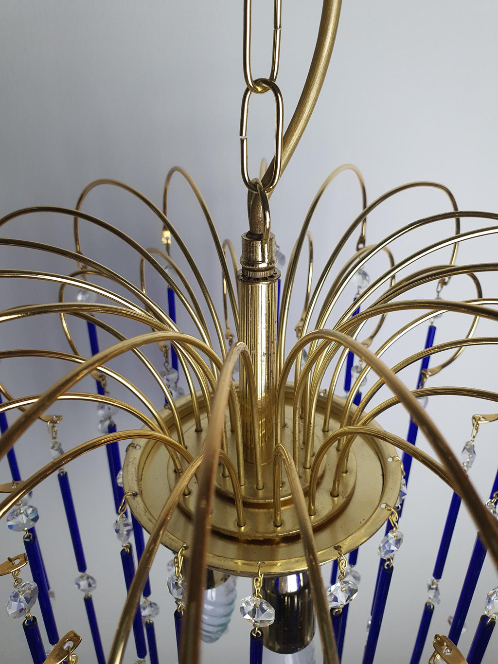 Vintage Cascade Chandelier: Navy Blue Glass Drops, Hollywood Regency Style