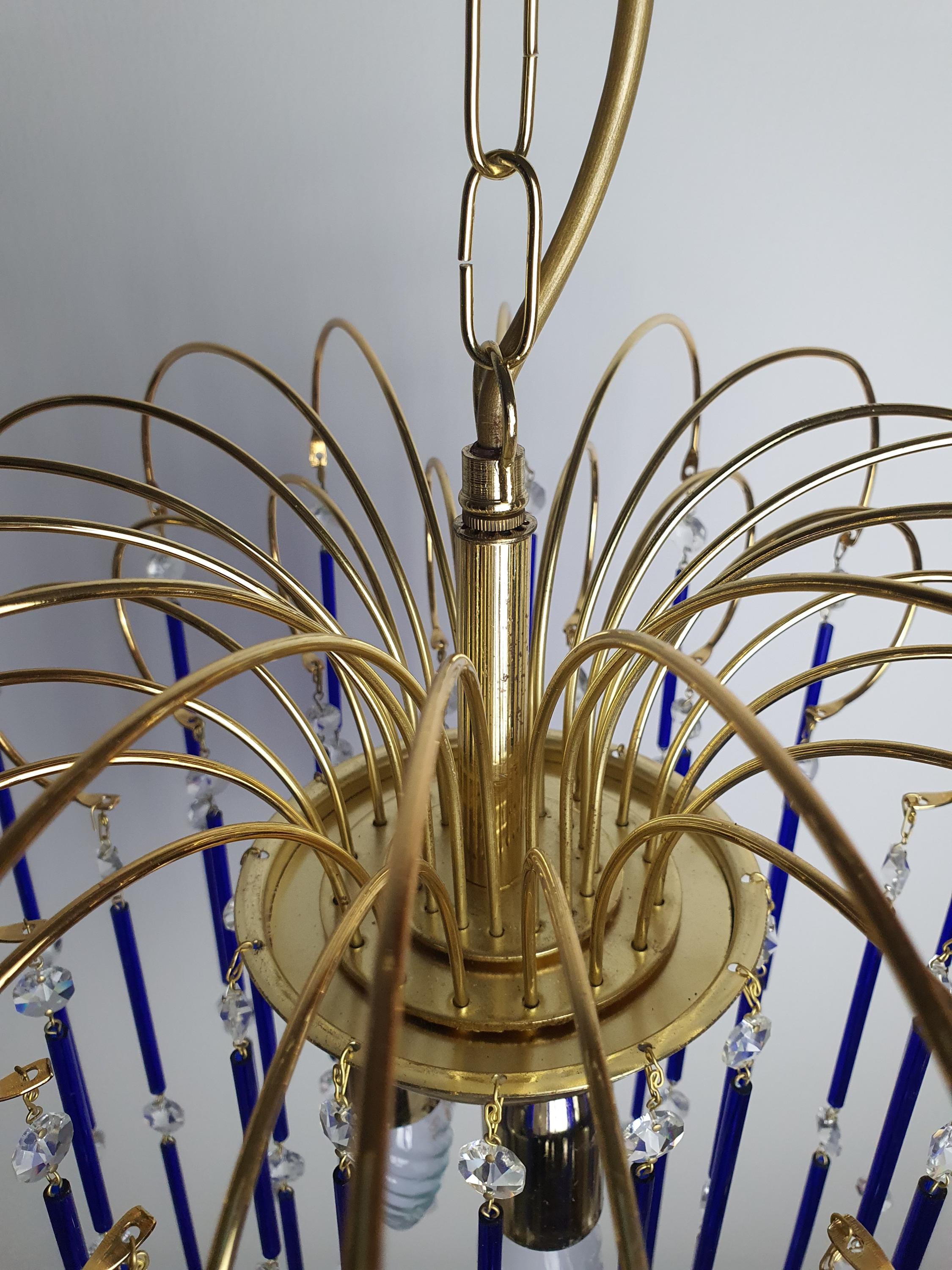 Vintage Cascade Chandelier: Navy Blue Glass Drops, Hollywood Regency Style