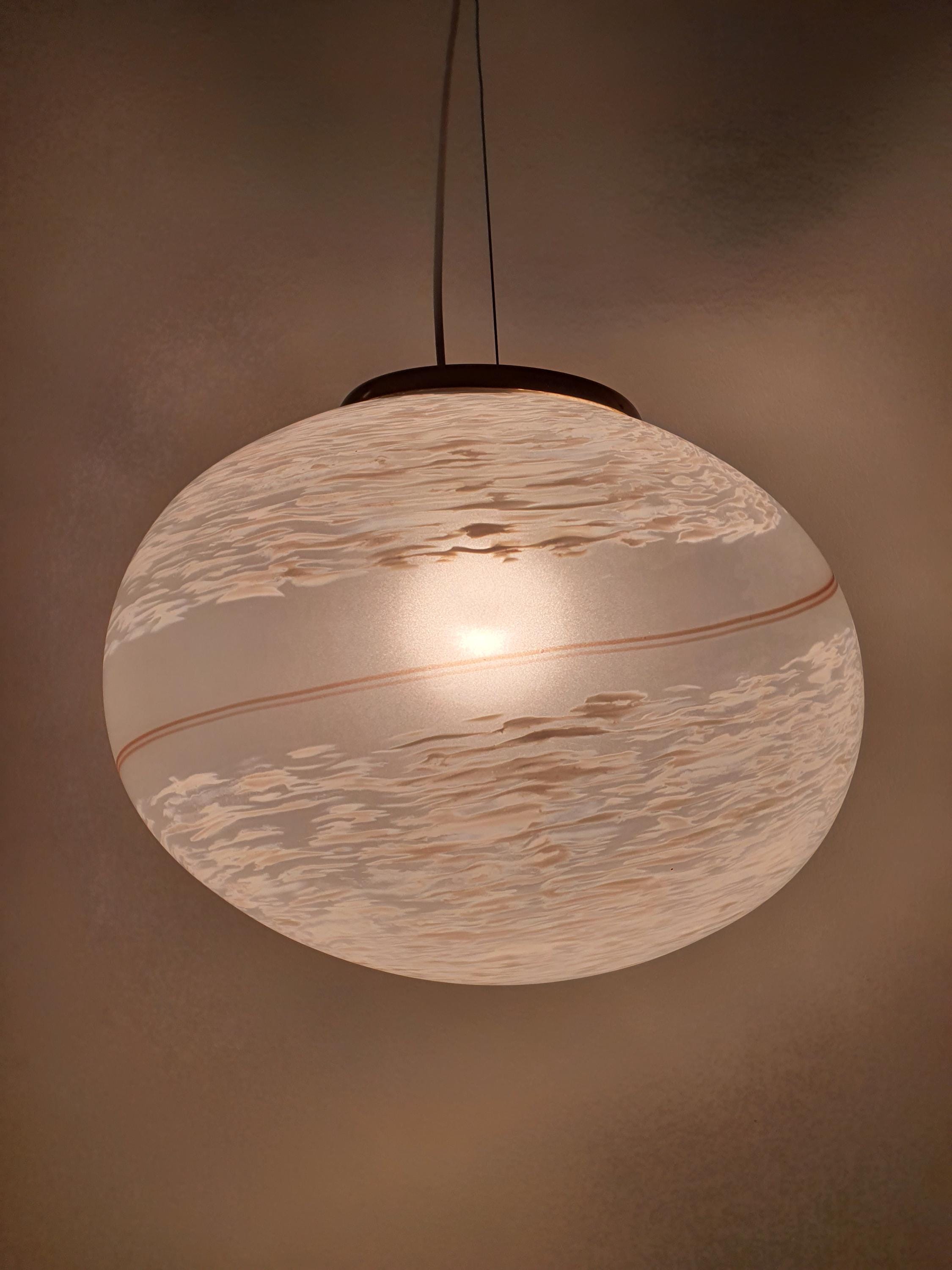 Murano Glass Pendant Light: Retro White Swirl Globe, Mid-Century Scandinavian Lamp