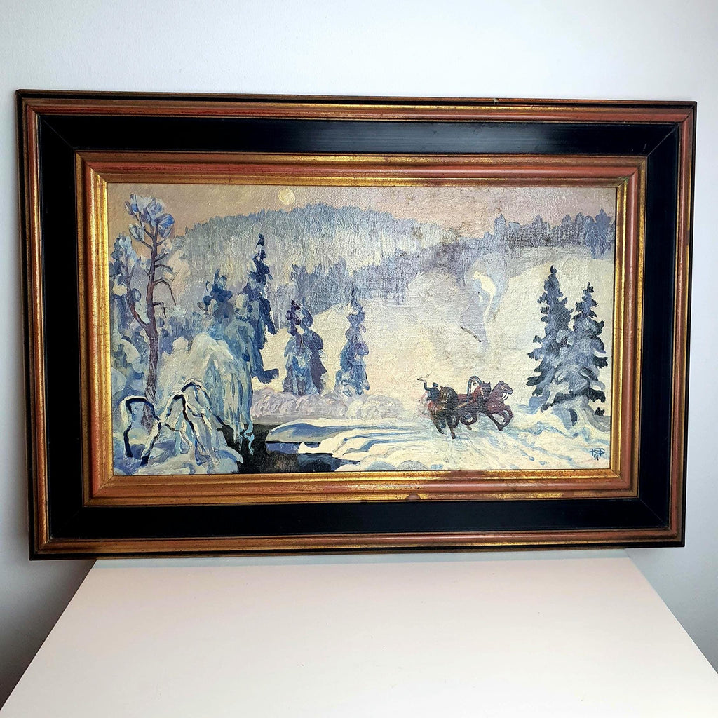 Russian Troika Winter Landscape - Original Oil Painting framed signed by Gennady Neupokoev (1991) | Soviet Vintage Art | Siberian Snow Scene