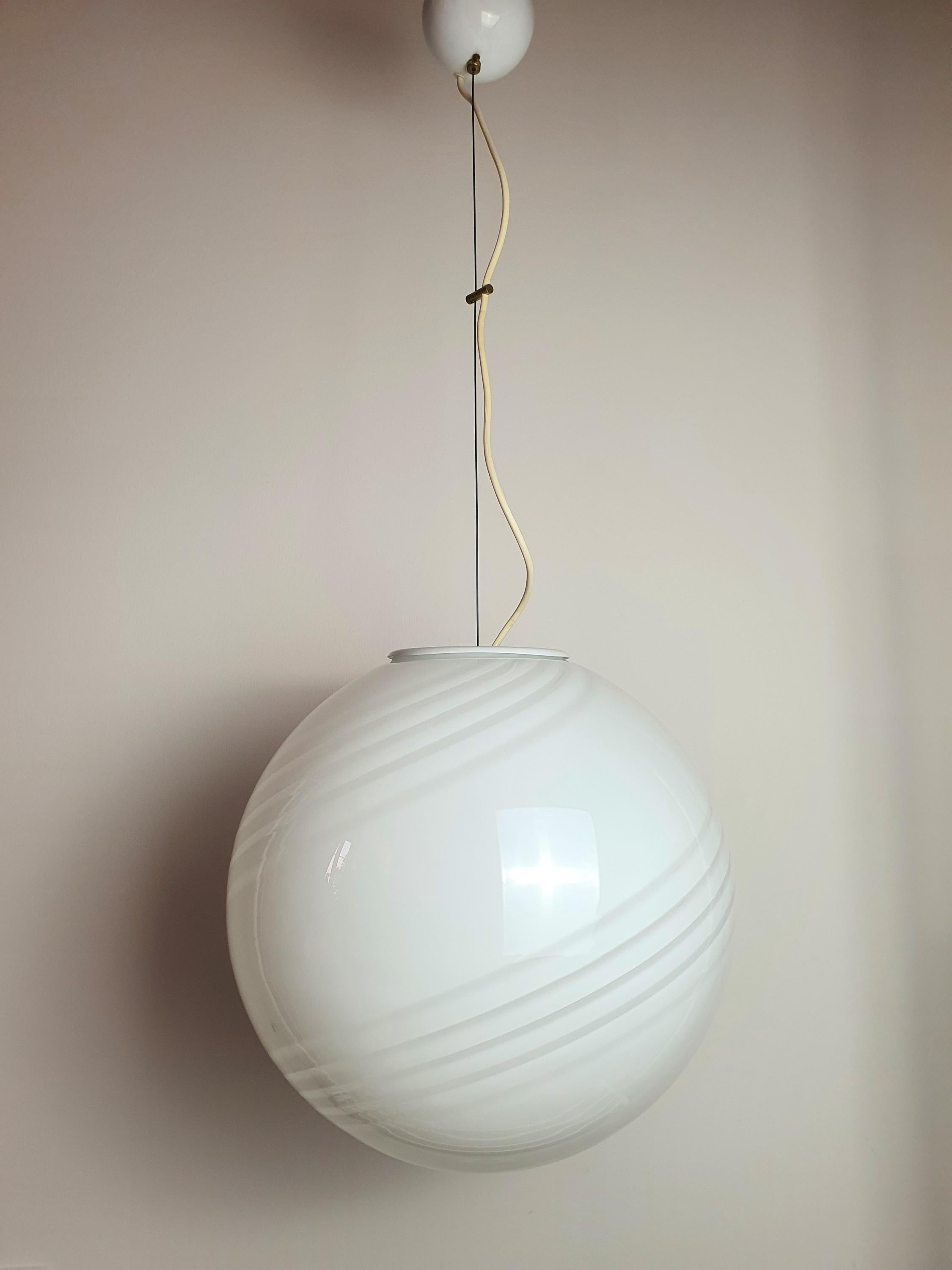 Vintage Murano large white swirl globe pendant in entryway, 38cm globe, clean swirl pattern, elegant Italian pendant