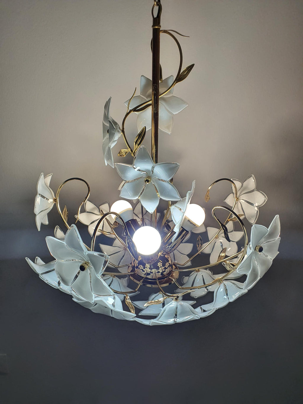 Vintage Murano Glass White Floral Chandelier | Hollywood Regency Dining Lighting