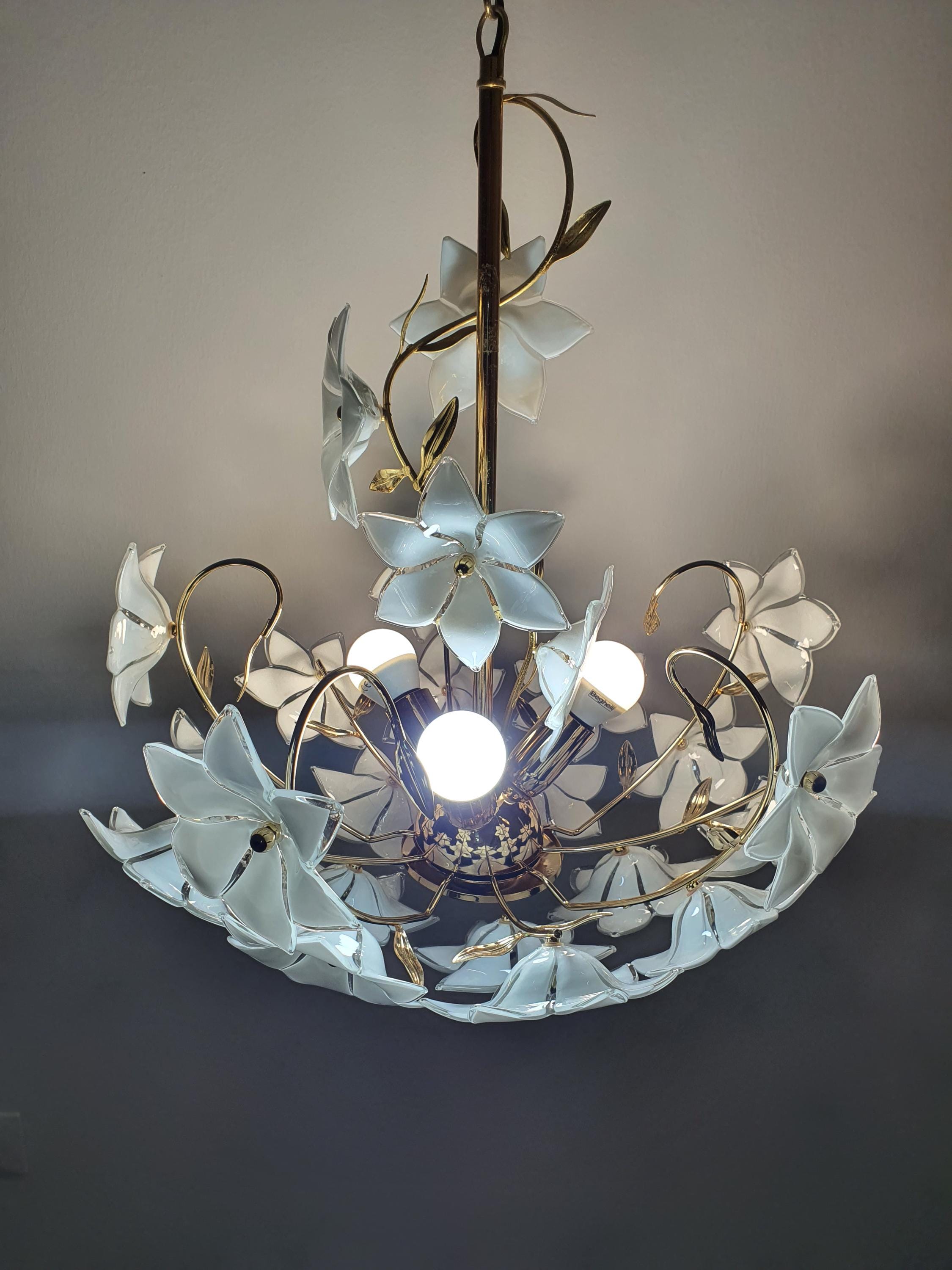 Vintage Murano Glass White Floral Chandelier | Hollywood Regency Dining Lighting