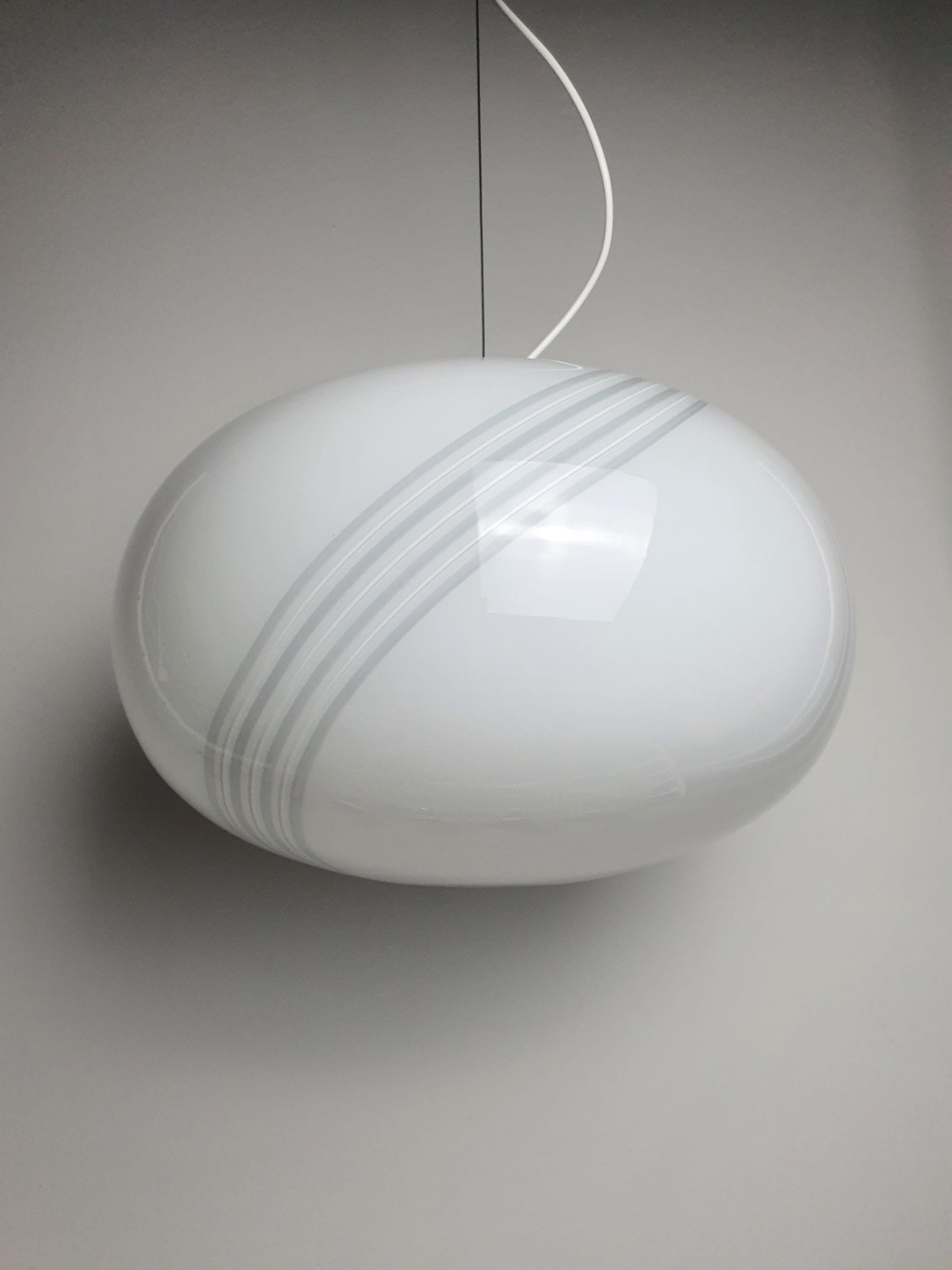 Large Vintage Murano Glass Globe Pendant Light: White Gret Swirl, Retro Scandinavian Decor