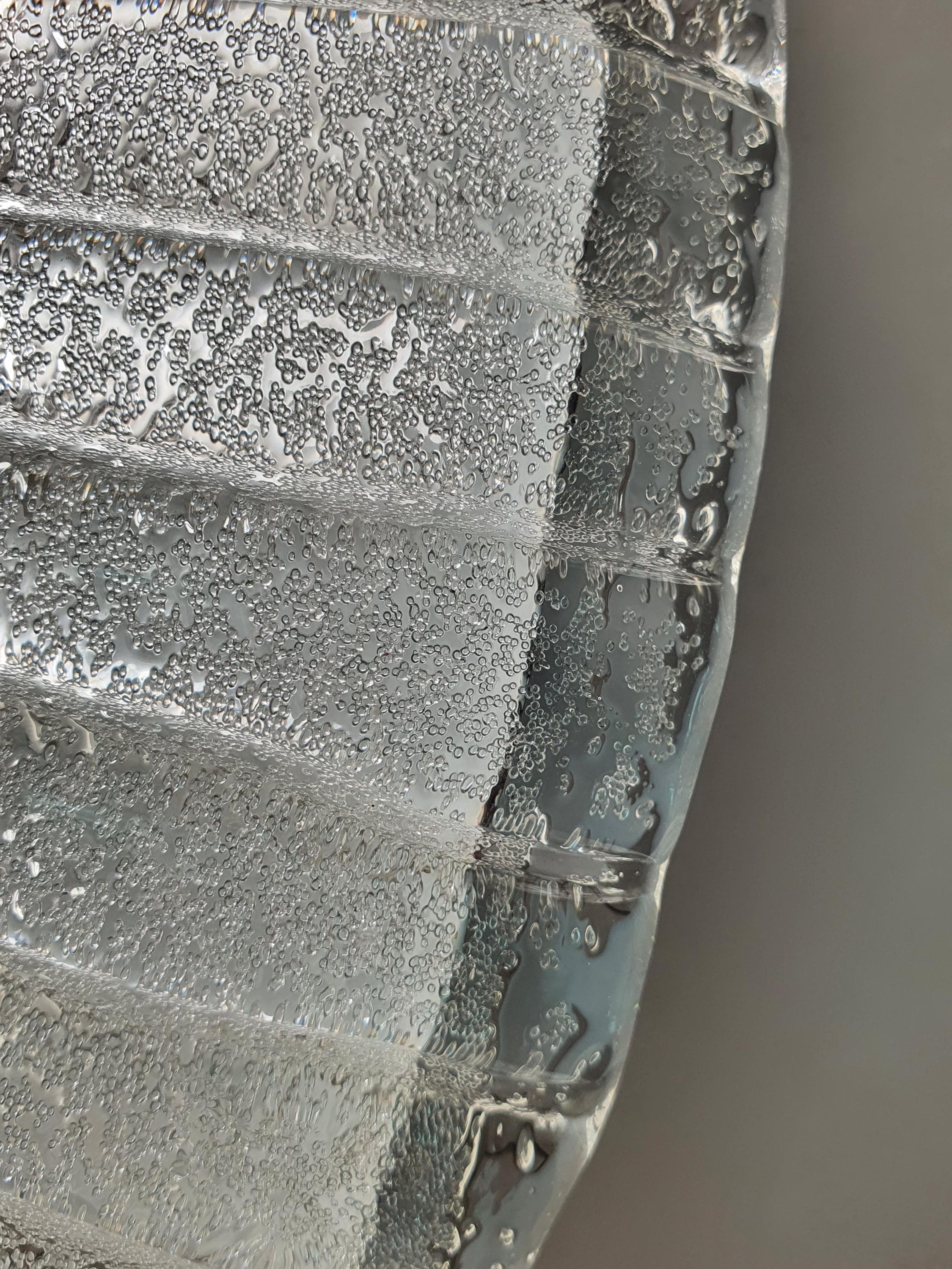 Smooth glossy exterior and ghiacciato iced reverse contrast, vintage Murano ribbed shell flush mount, 1960s–1970s Italy