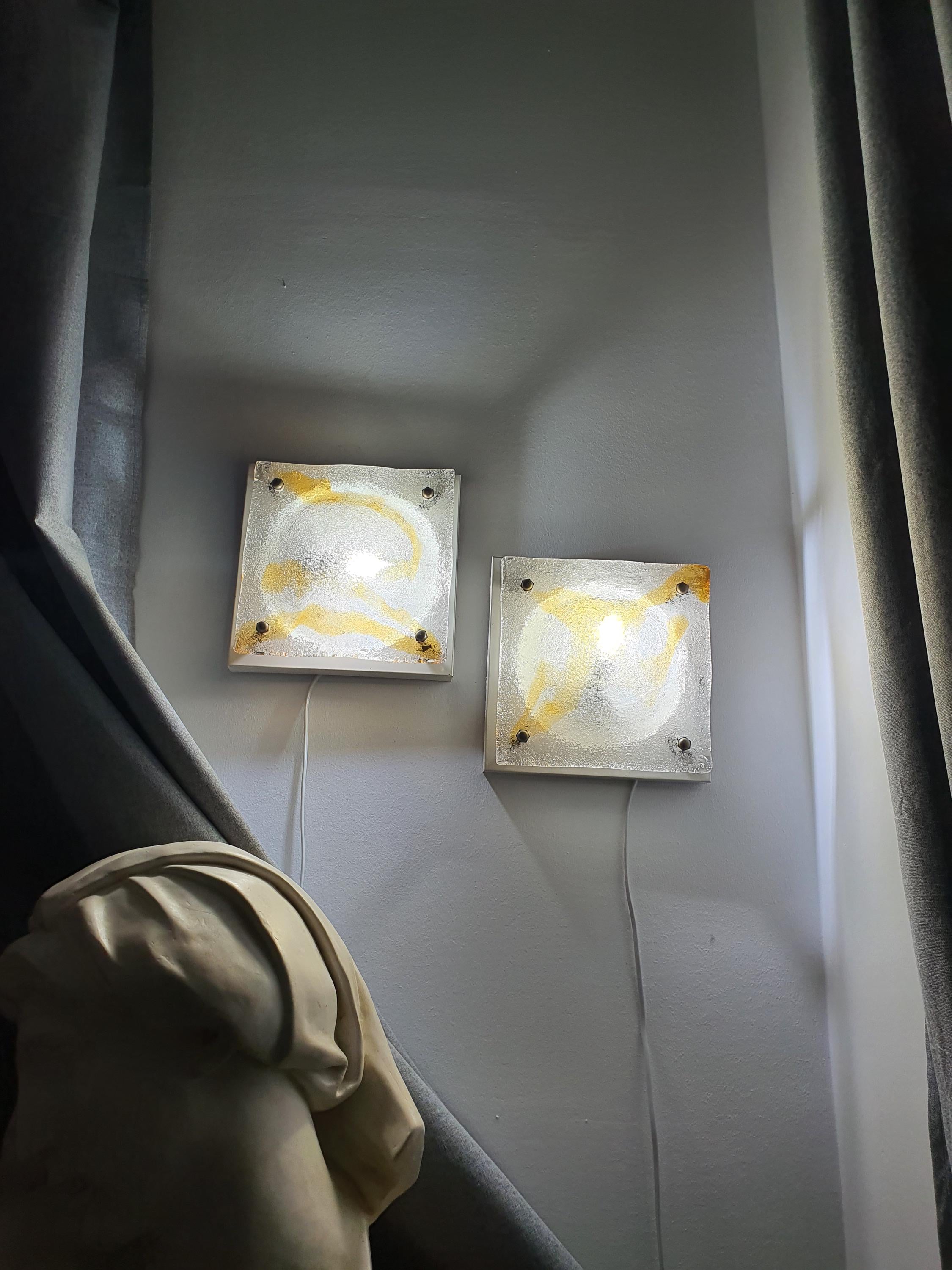 Pair of vintage Mazzega Murano amber iced square lights as wall sconces, warm amber glow, Brutalist MCM hallway