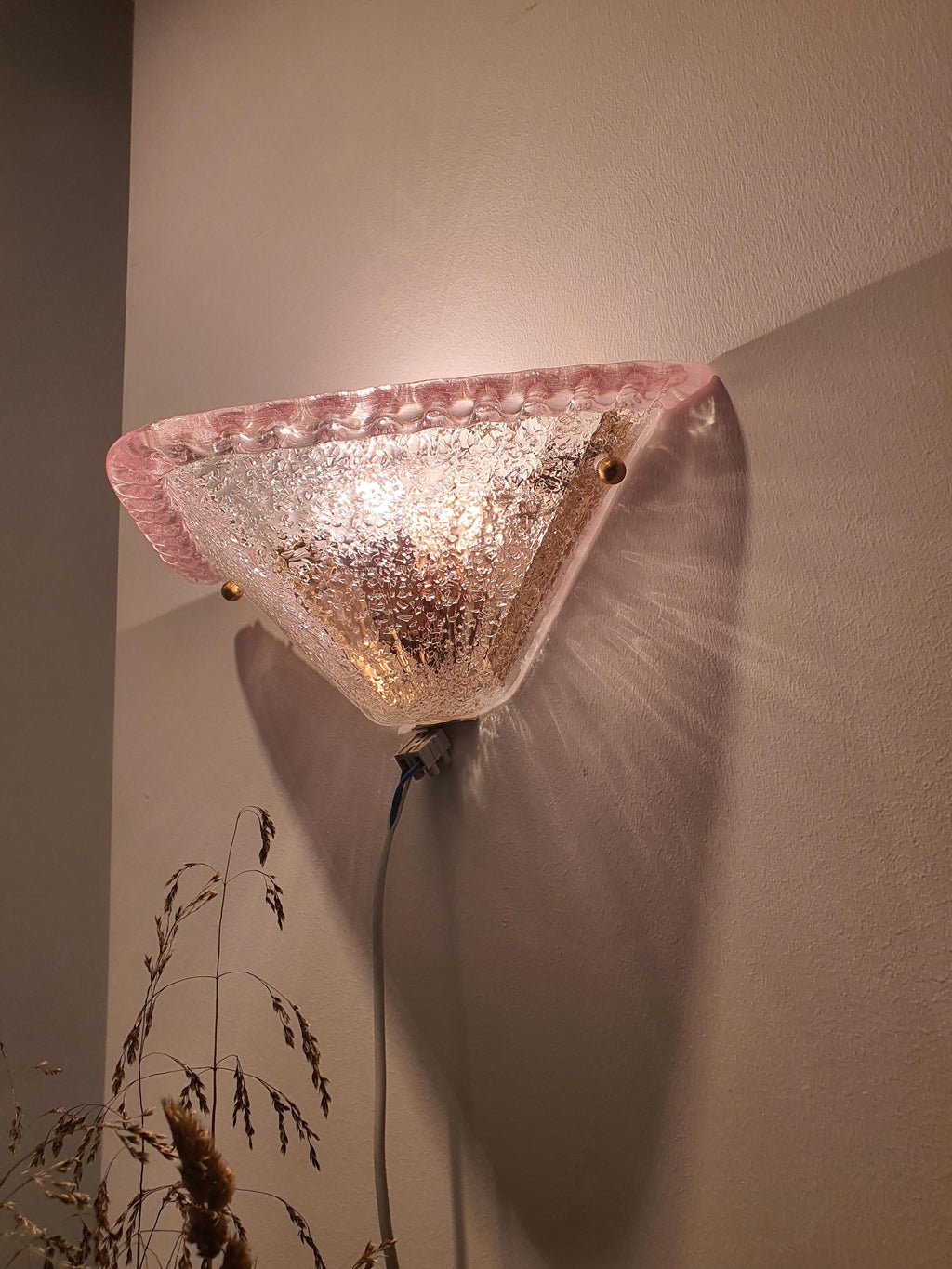 Vintage Murano Glass Sconces: Pink Transparent Triangle Art Deco Wall Lamps