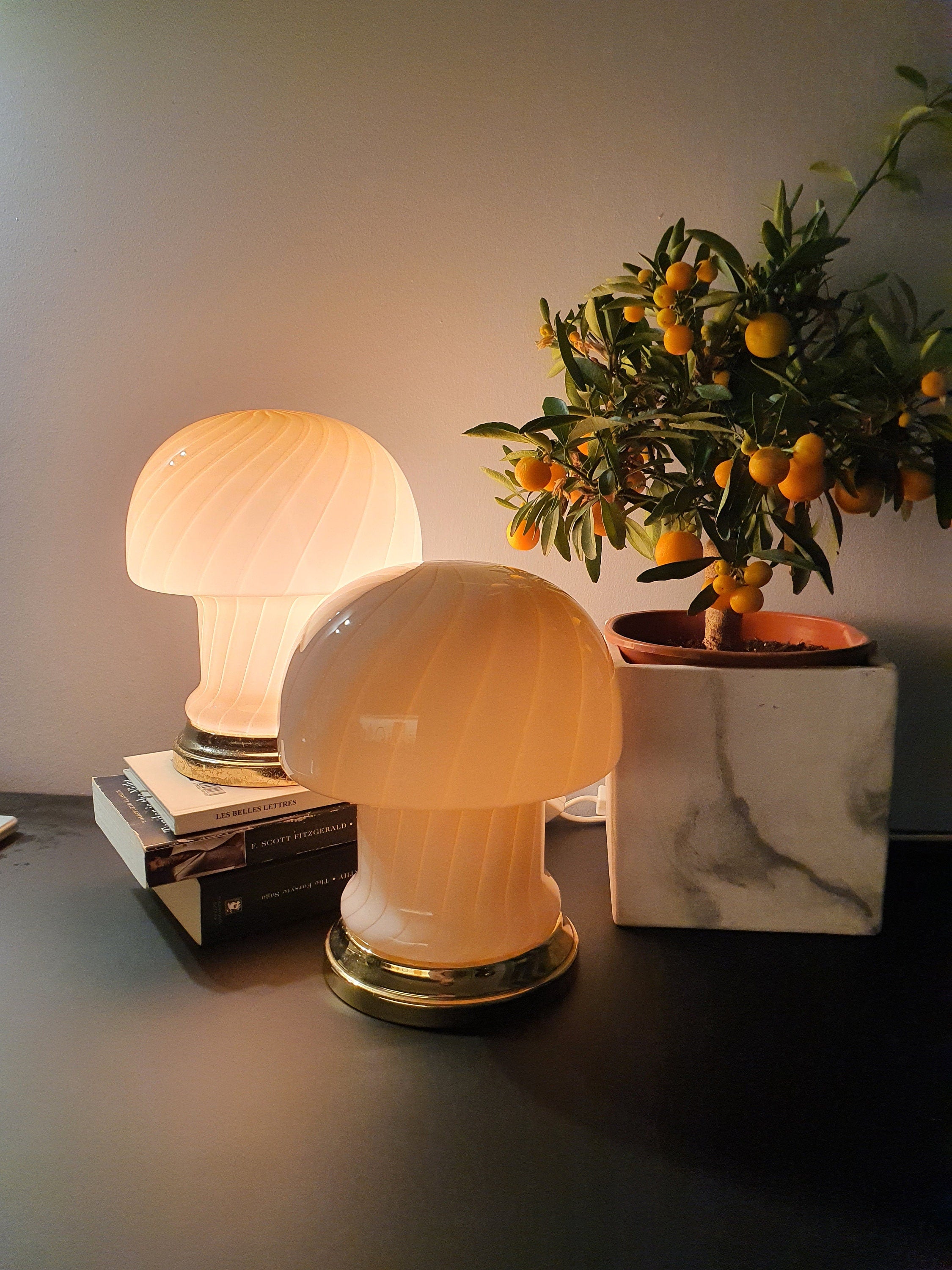 Vintage Murano Glass Mushroom Lamps: Peach Pink Atomic Table Lamps, 1970s MCM