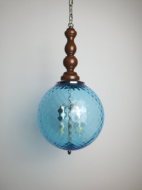 1950s Murano Glass Blue Globe Pendant Light Wood Chrome Base