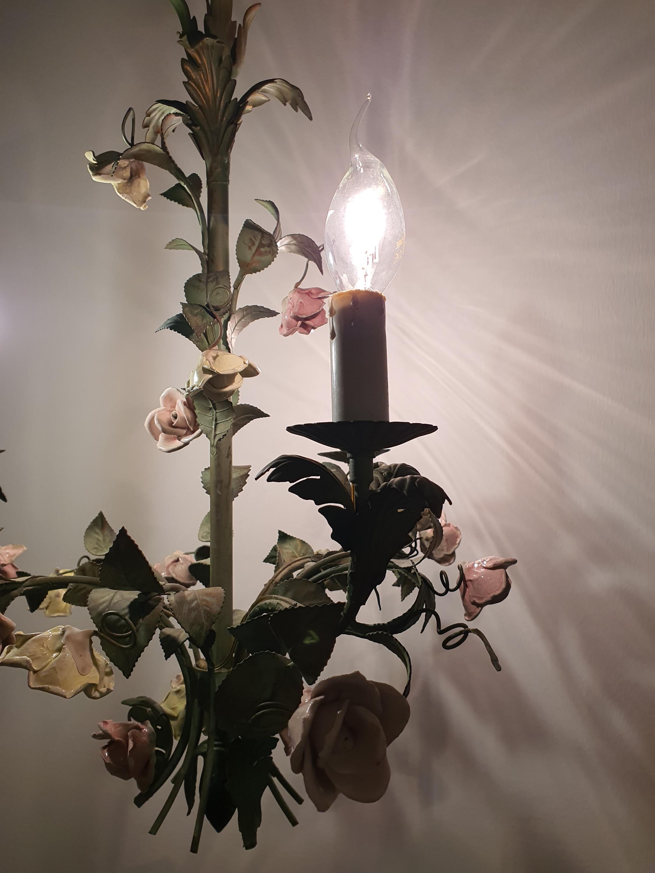 1950s Vintage Italian Green 3-Arm Chandelier with Porcelain Roses | Painted Brass Floral Lighting