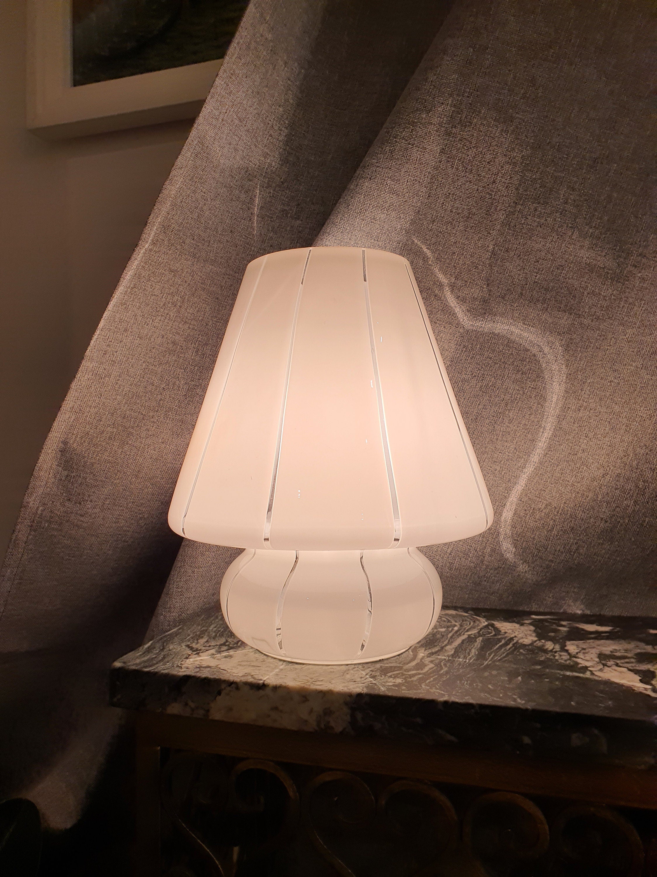 Vintage White Murano Glass Mushroom Lamp: 1970s Mid-Century Modern Bedside Light