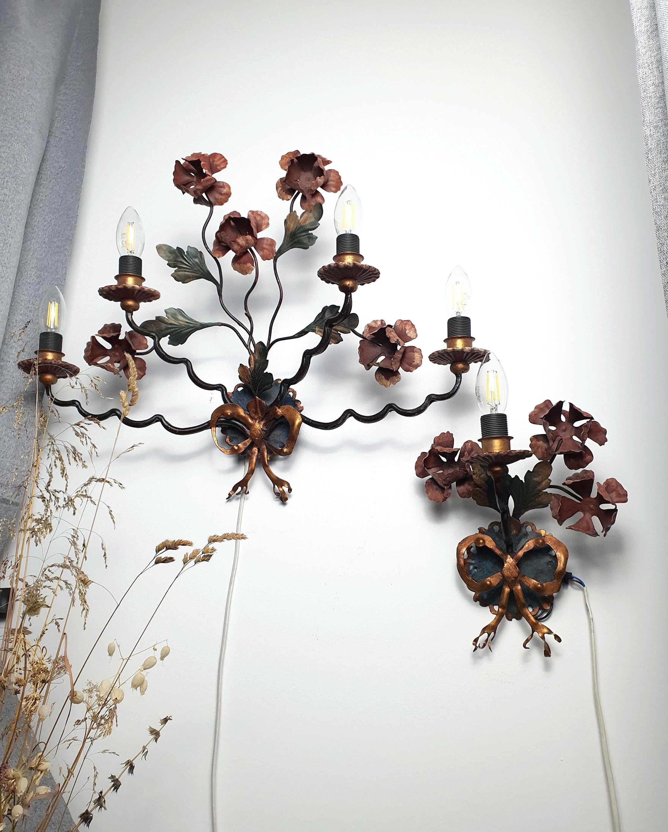 Pair of Italian toleware floral bow sconces / set of vintage gilt tole wall lights