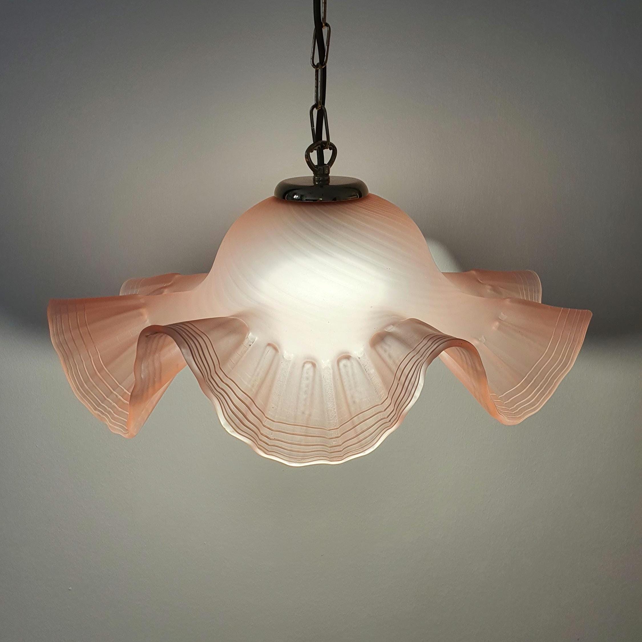 Vintage Murano glass pink fazzoletto pendant light — satin blush glass with white edge lines, front view