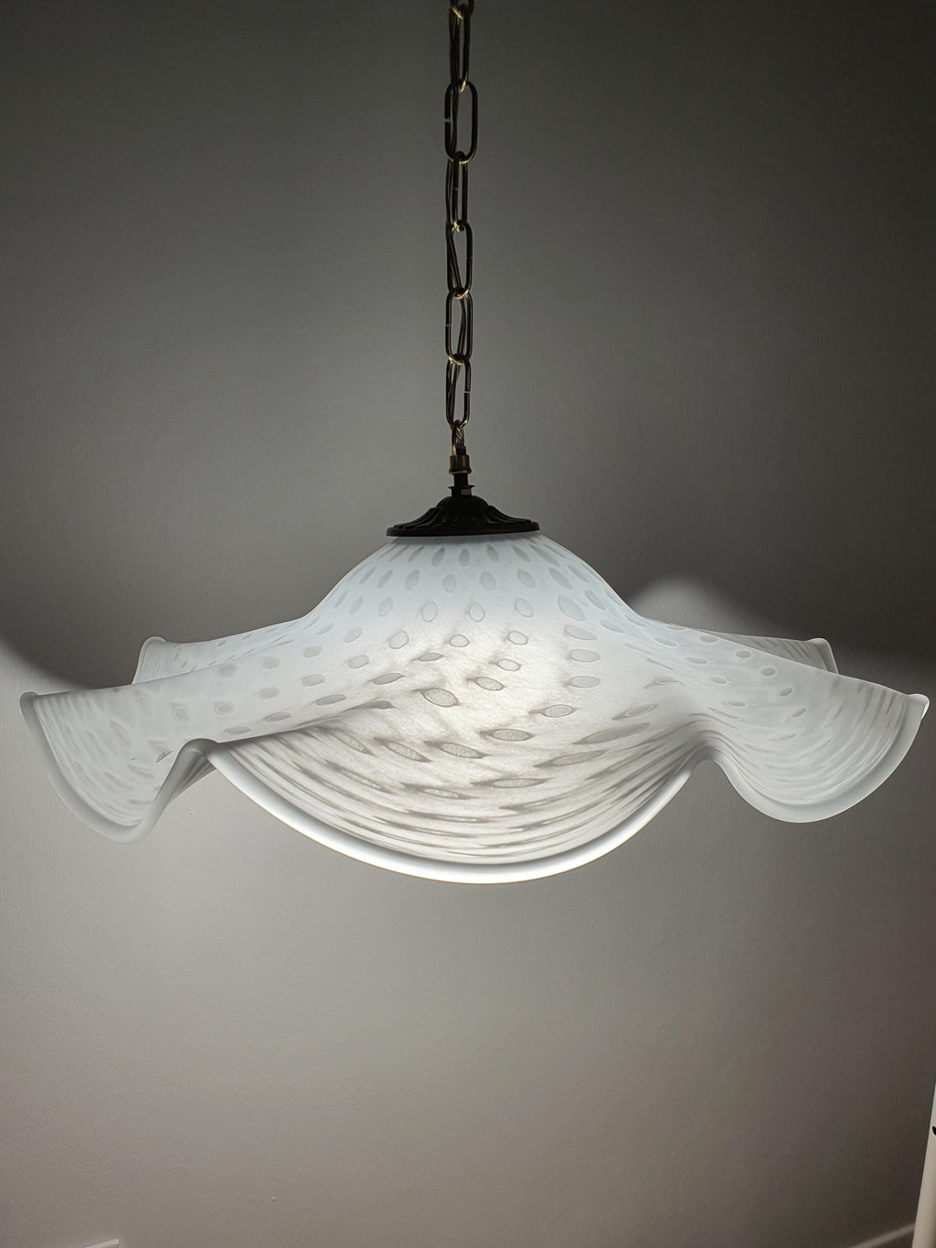 Vintage Murano glass fazzoletto pendant light — matte white bubbled glass, organic form, front view
