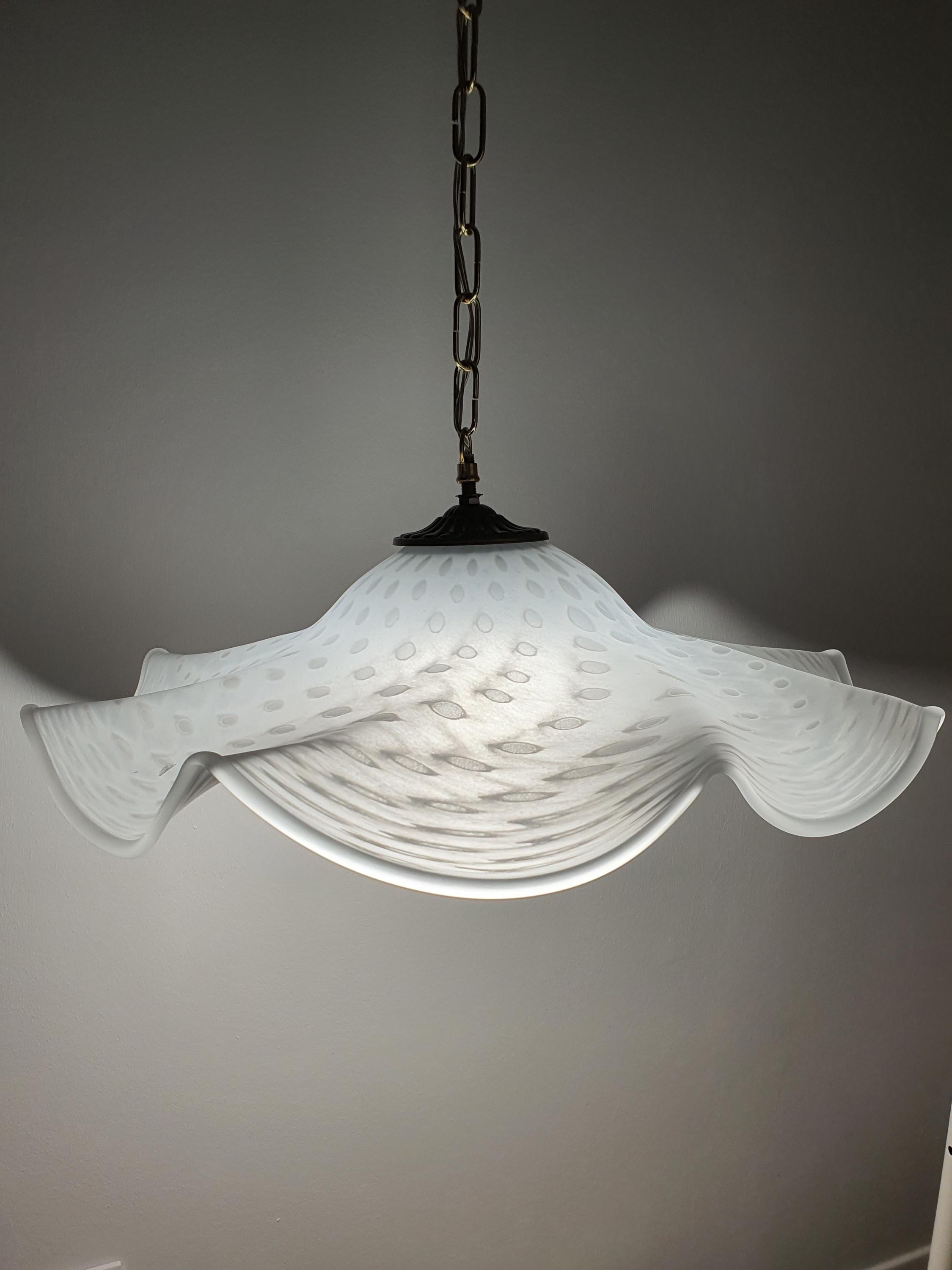 Vintage Murano glass fazzoletto pendant light — matte white bubbled glass, organic form, front view