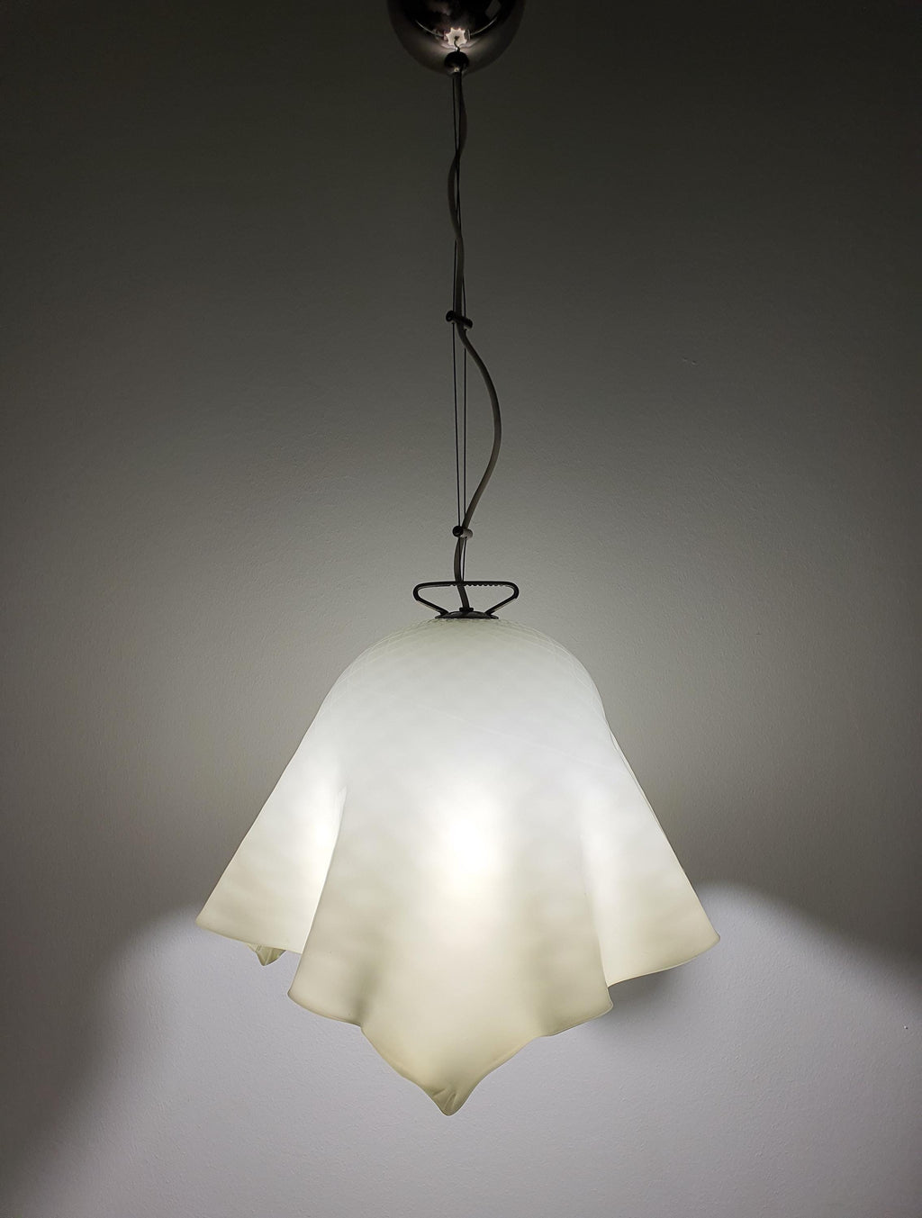 Green Murano handkerchief pendant with textured glass and dark chrome fittings
