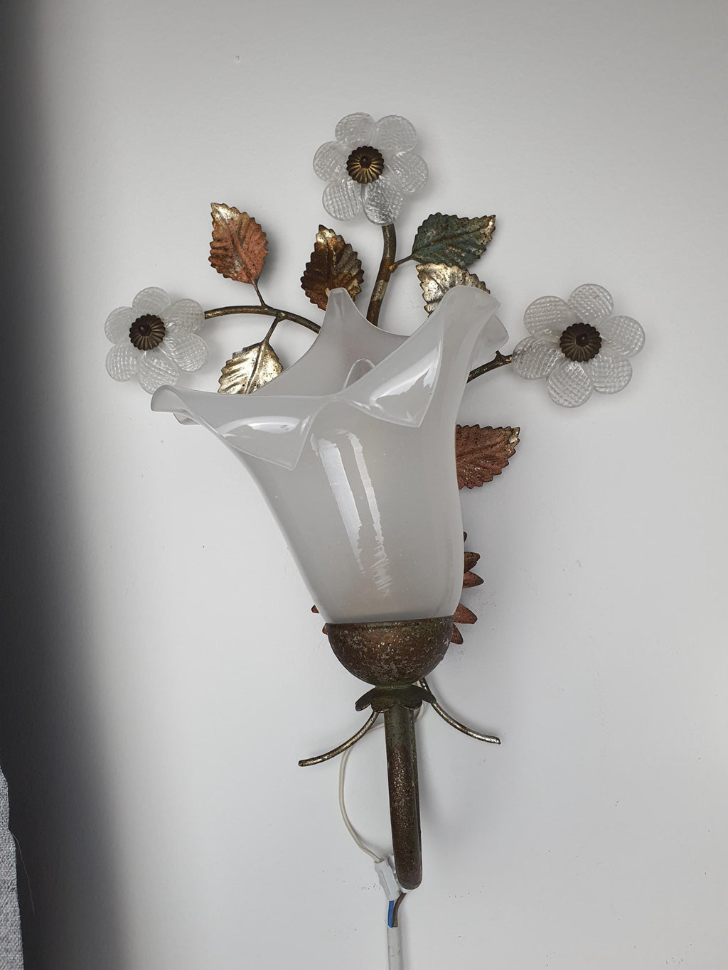 Pair of vintage Italian toleware Murano glass floral sconces lit, soft translucent calla lily glow, gold bronze botanical wall sculpture

