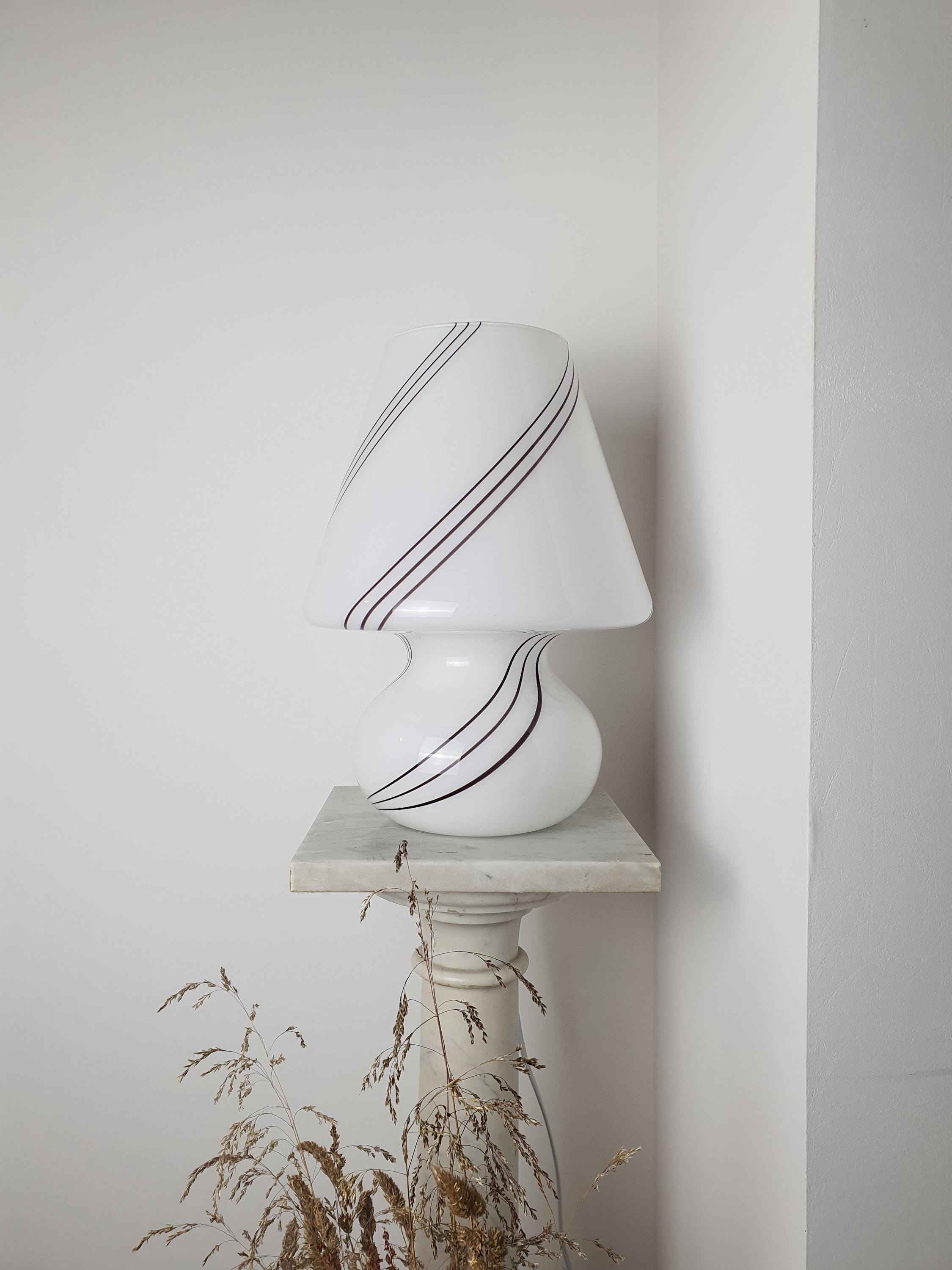 Vintage Murano Glass Mushroom Table Lamp | White with Black Swirl Lines | Mid-Century Italian Lighting