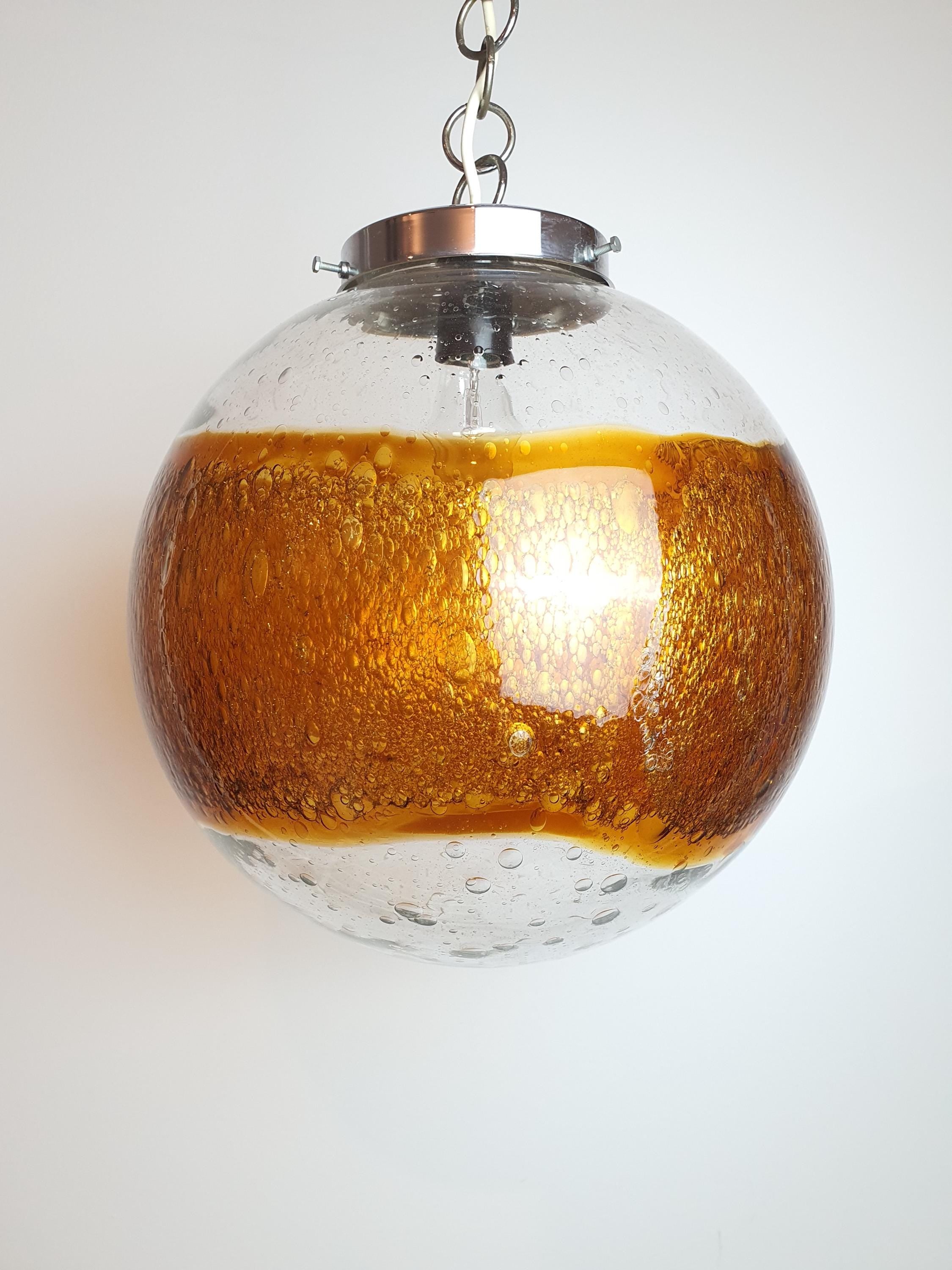 Vintage Amber Murano Glass Pendant Light: Hand-Blown Globe Lamp
