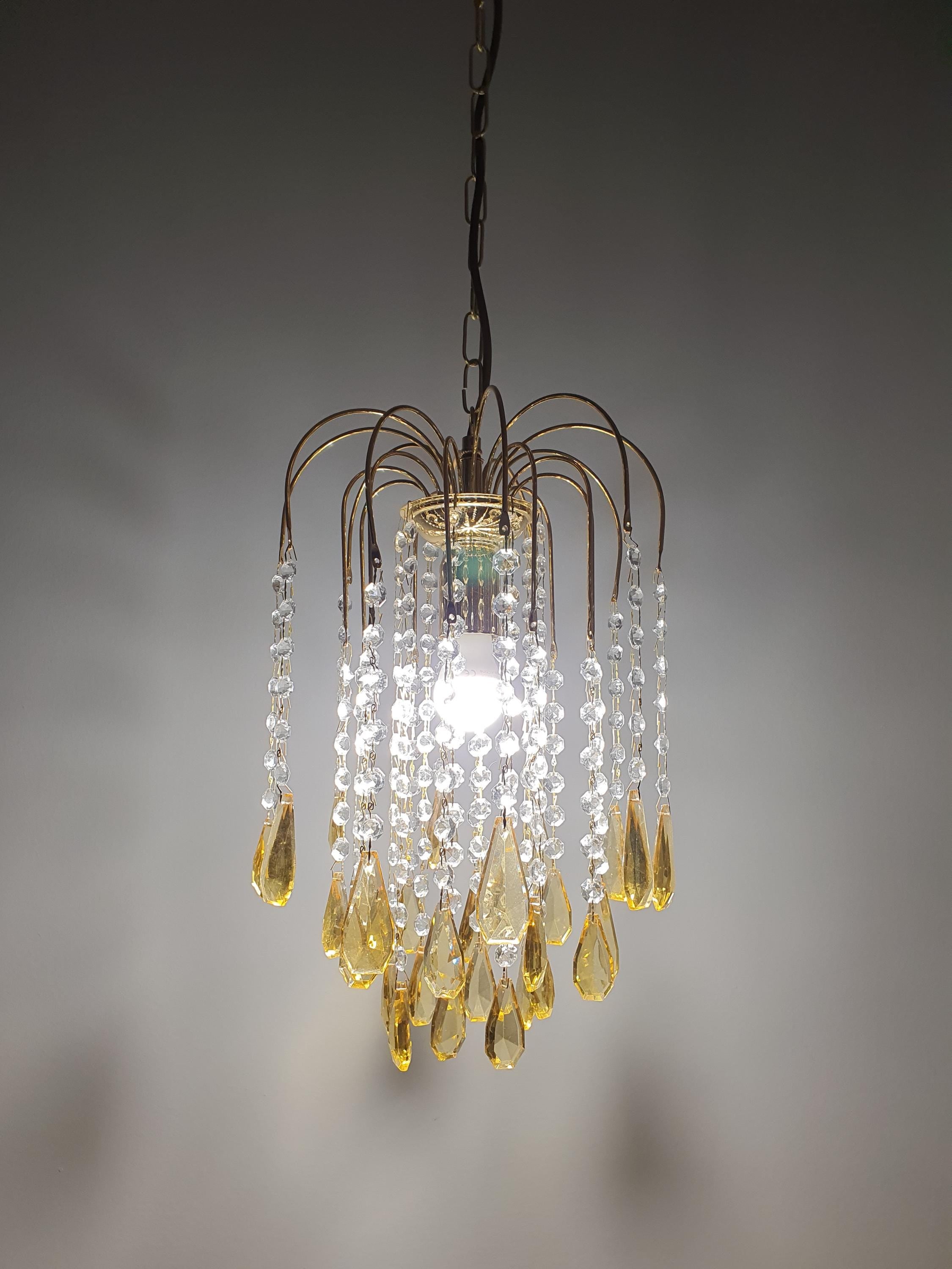 Small Vintage Honey Yellow Teardrop Chandelier | Hollywood Regency Gold Pendant Light