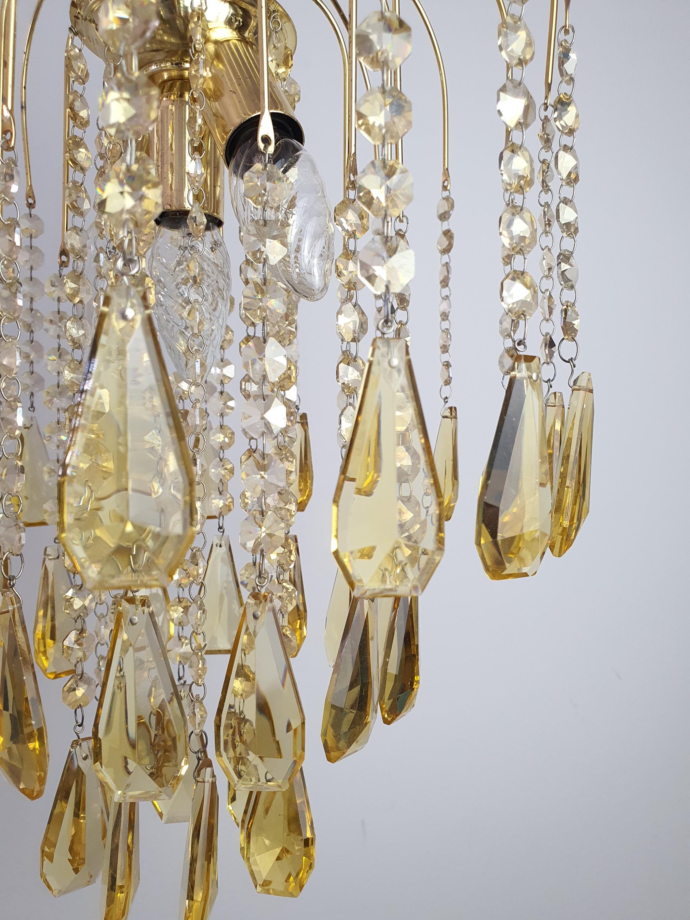 Vintage Honey Yellow Teardrop Chandelier: 1980s Hollywood Regency Gold Light