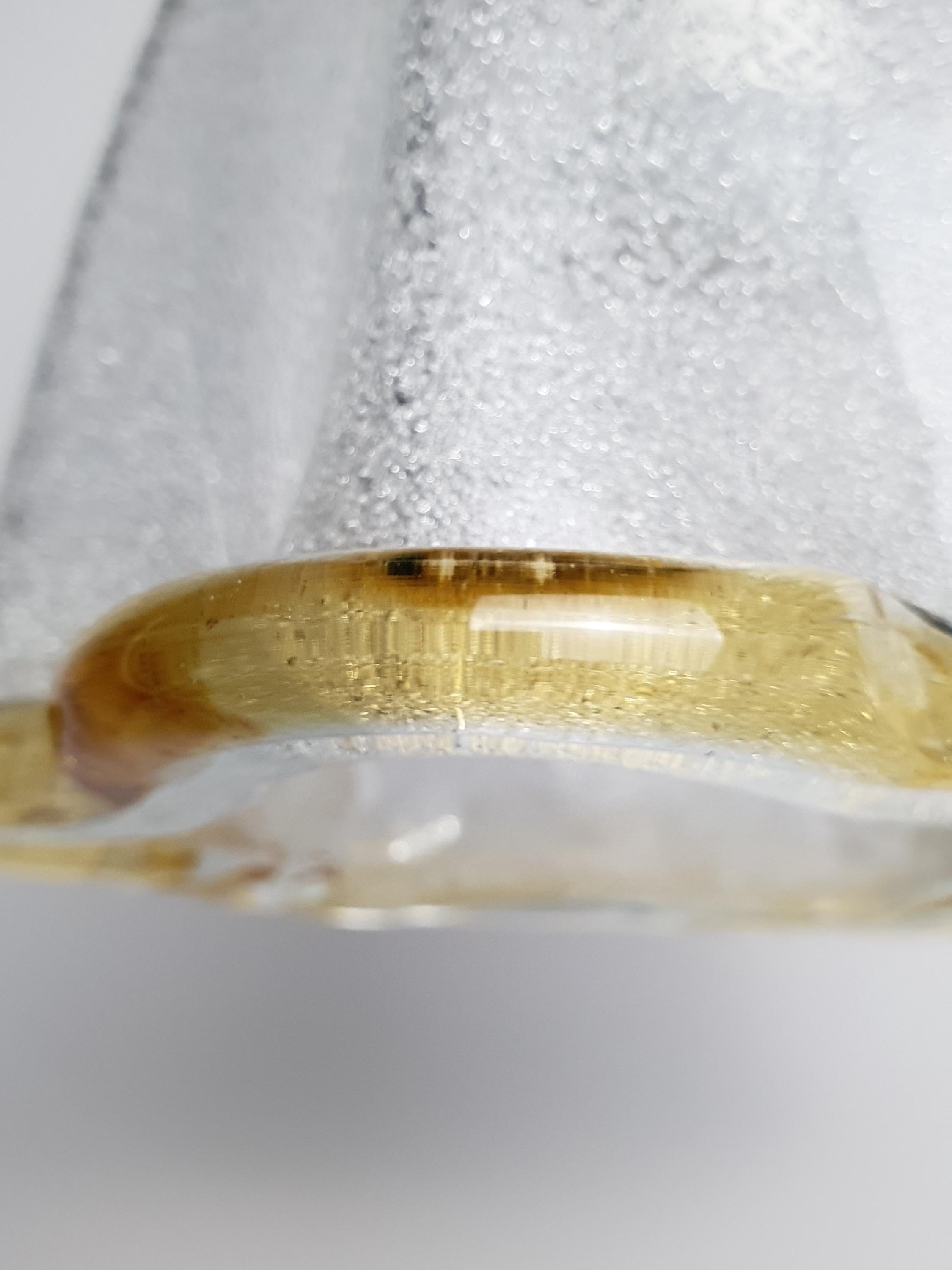 Yellow accent rim detail on vintage Murano glass bell tulip pendant, graniglia icy interior, smooth glossy exterior