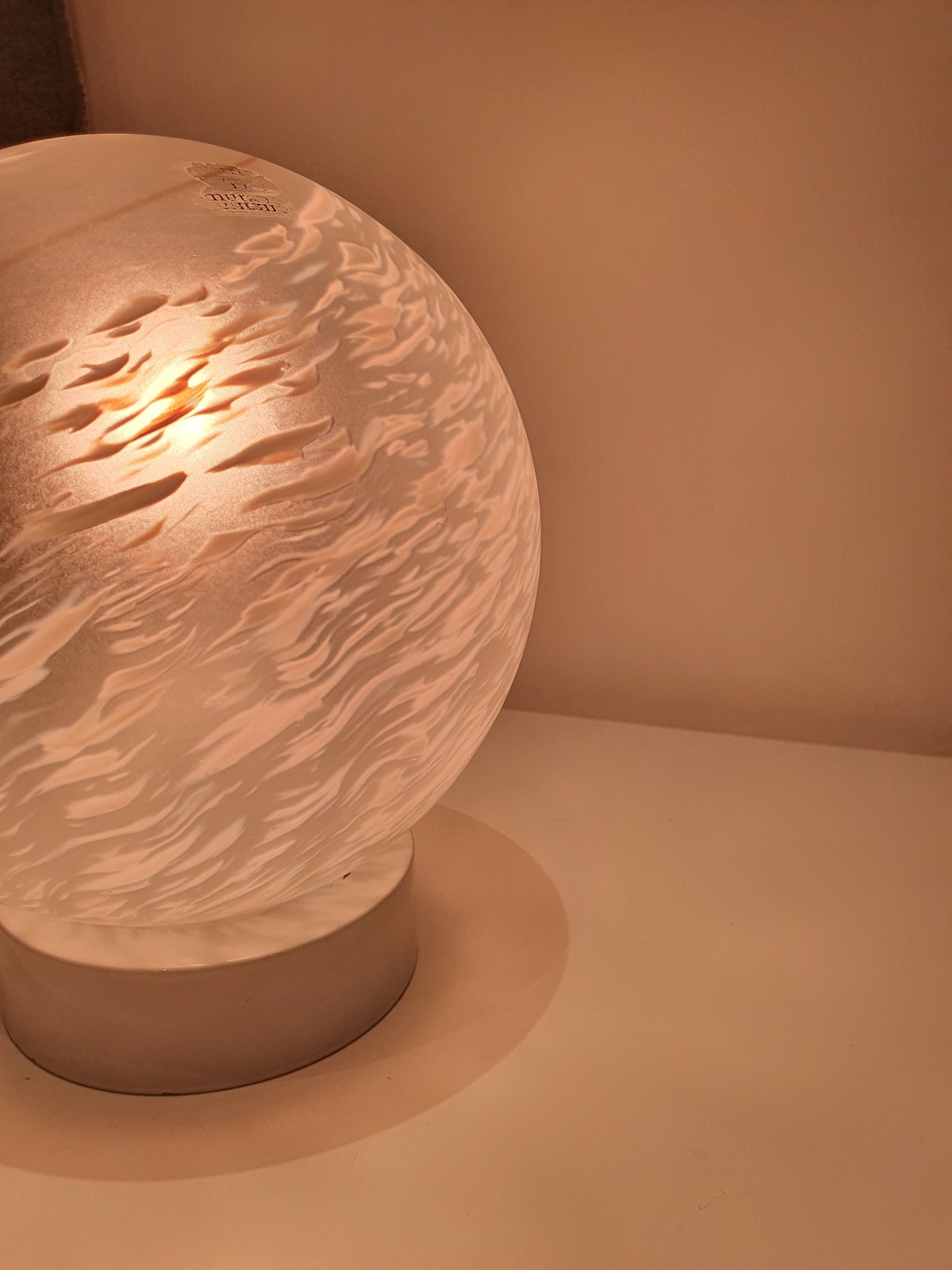 Vintage Murano Glass Table Lamp: White Swirl Globe, Mid-Century Modern Italian Bedside Light