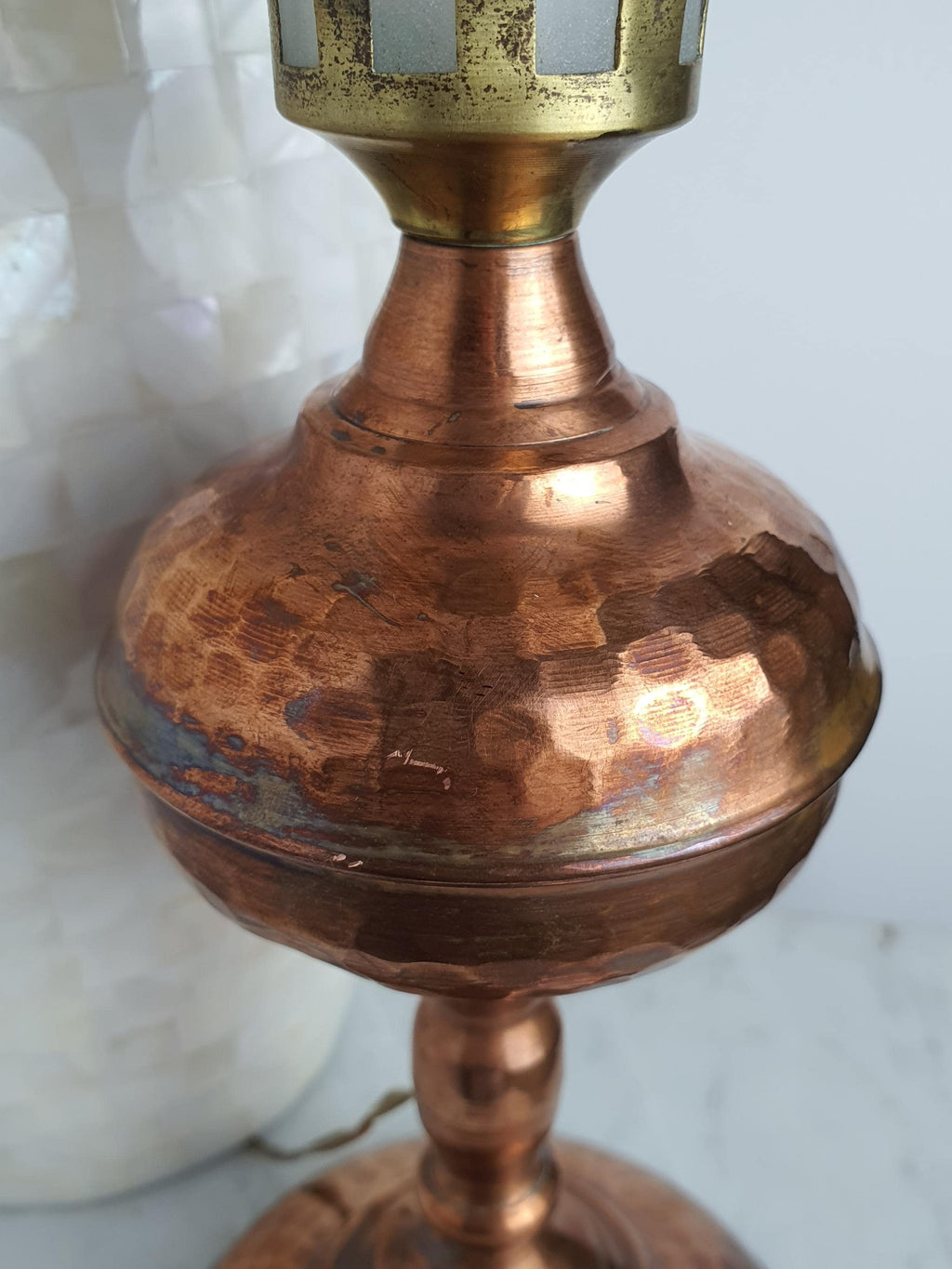 Vintage 1950s Italian copper oil lamp unlit, showing full 37cm oil lamp silhouette and frosted spotted glass shade
