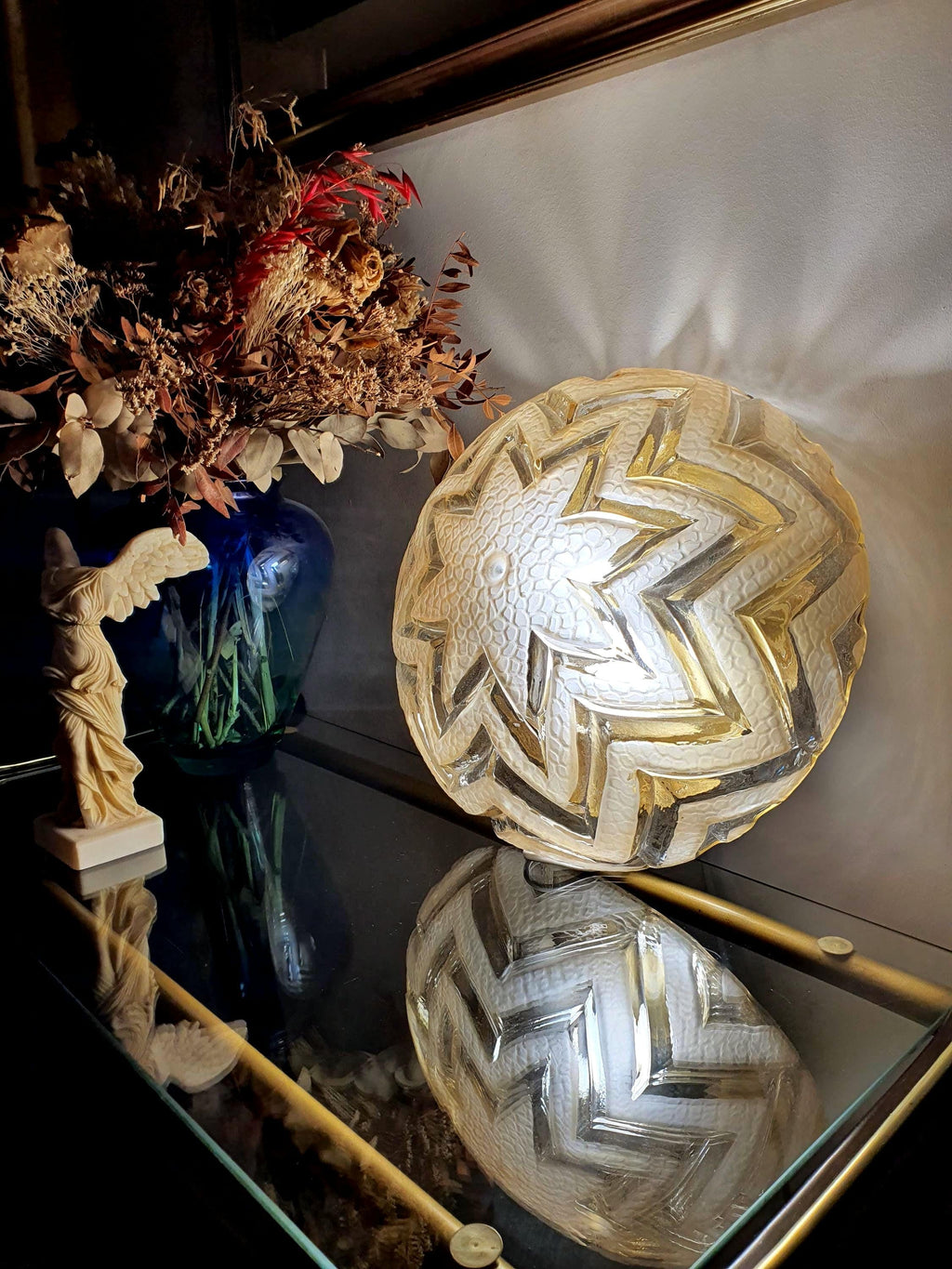 Vintage Art Deco ceiling light in clear stamped glass with matte star pattern and bronze base