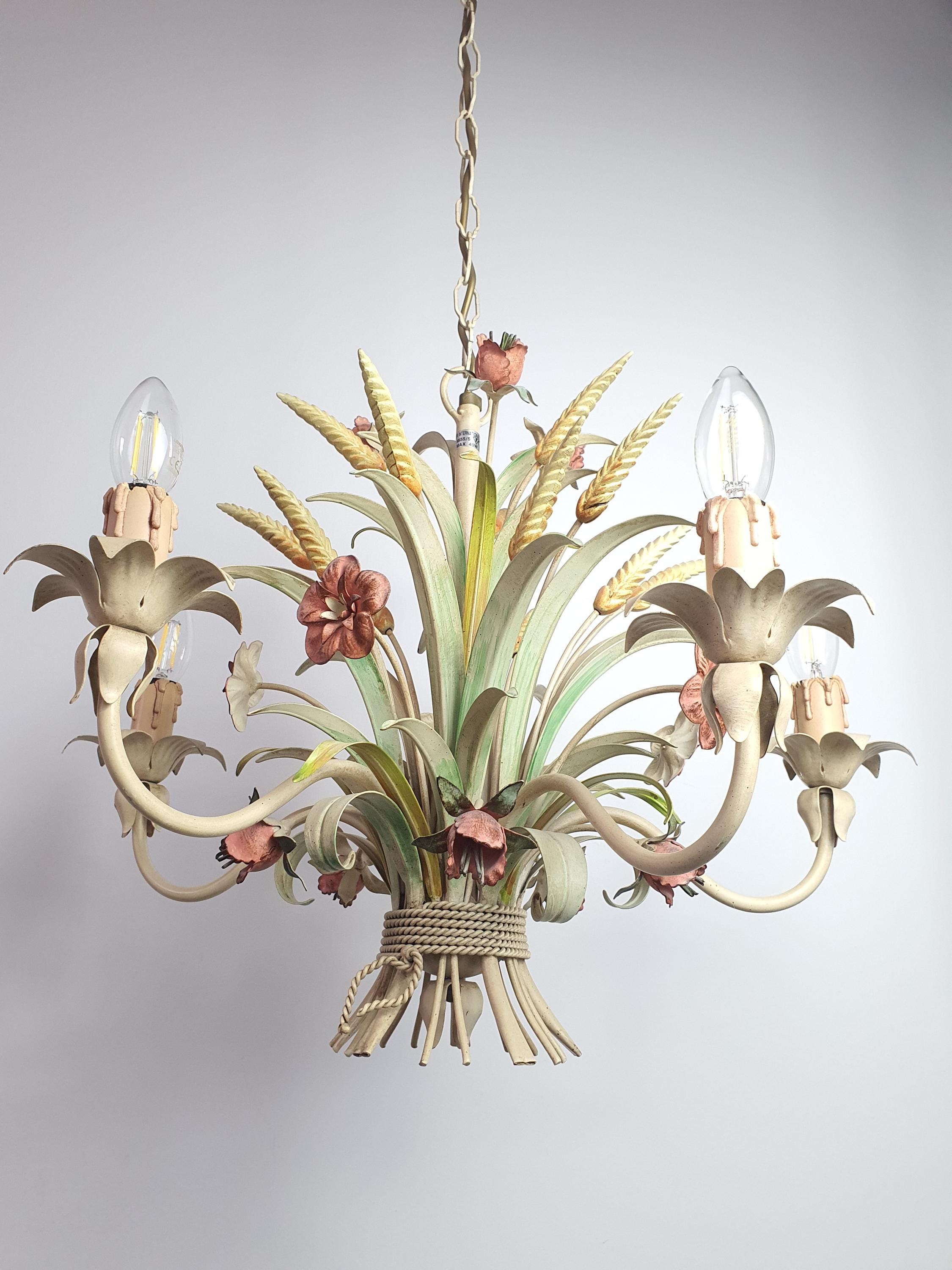 Vintage Italian tole chandelier — poppy and wheat motif, organic sculptural silhouette