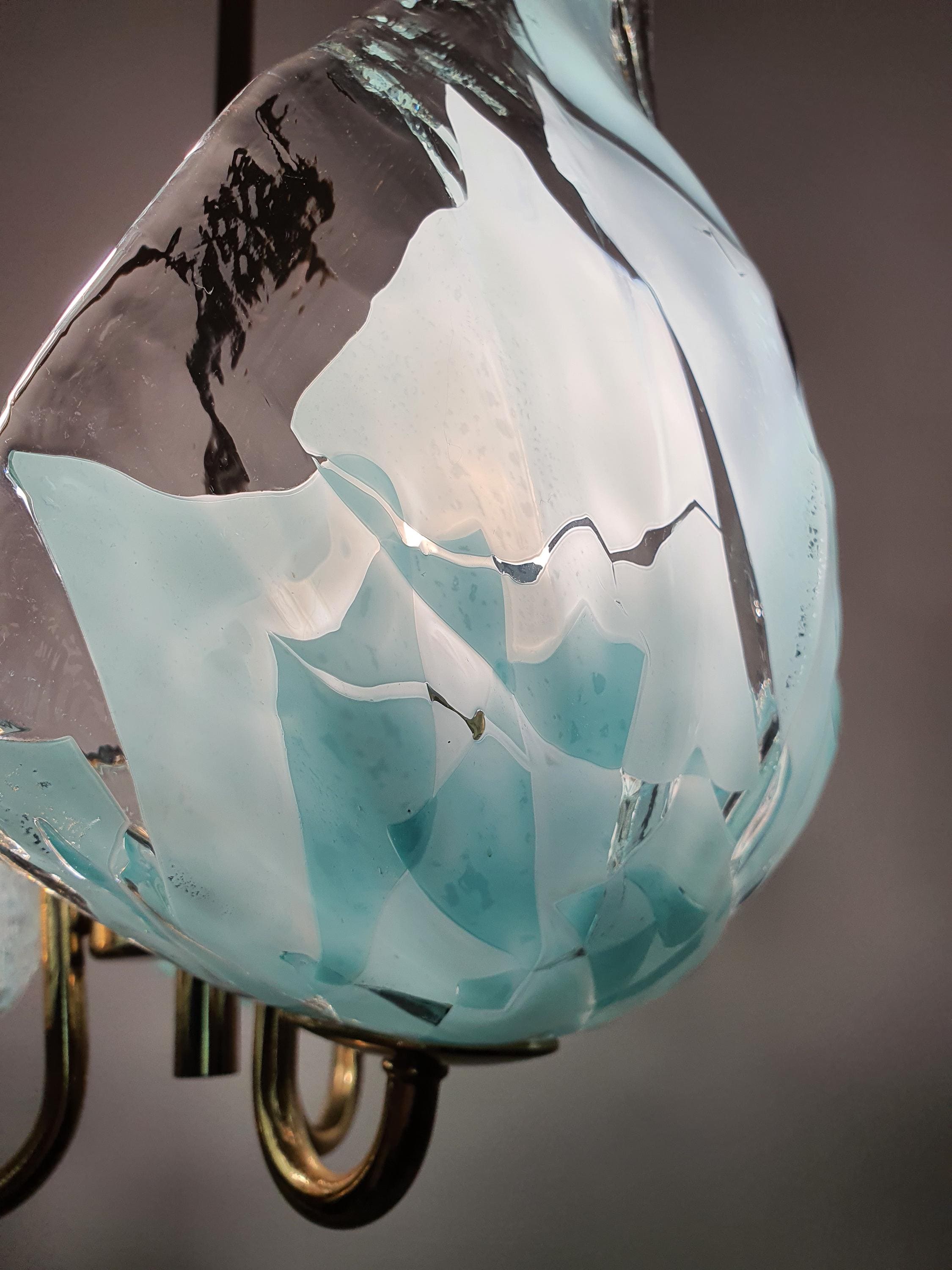 La Murrina 3-Arm Murano Glass Chandelier – Clear & Tiffany Blue on Golden Base