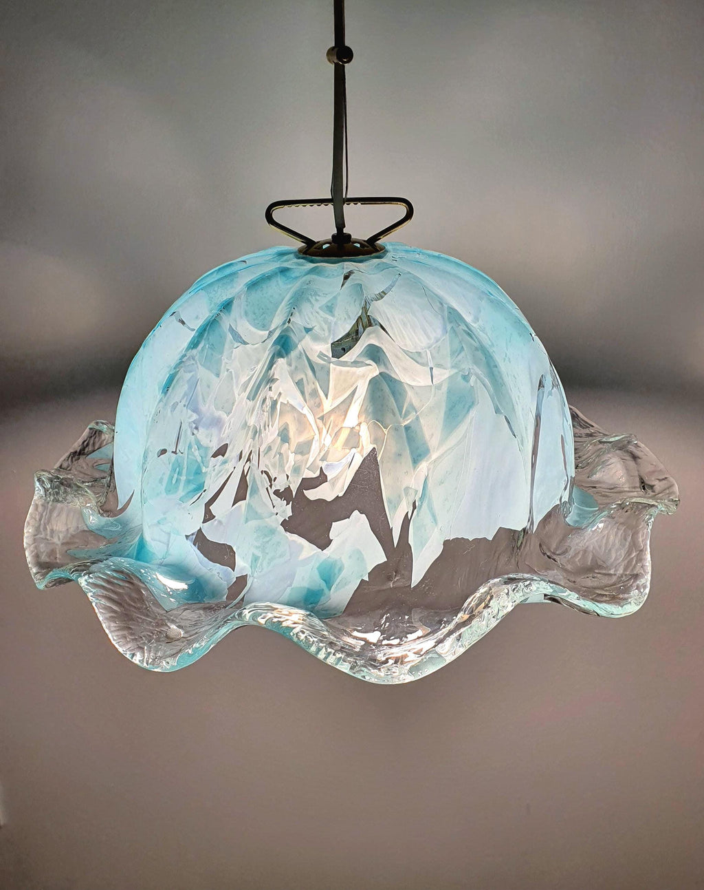 Vintage La Murrina Murano glass pendant light in Tiffany color with flowing skirt design, Italian mid-century lighting