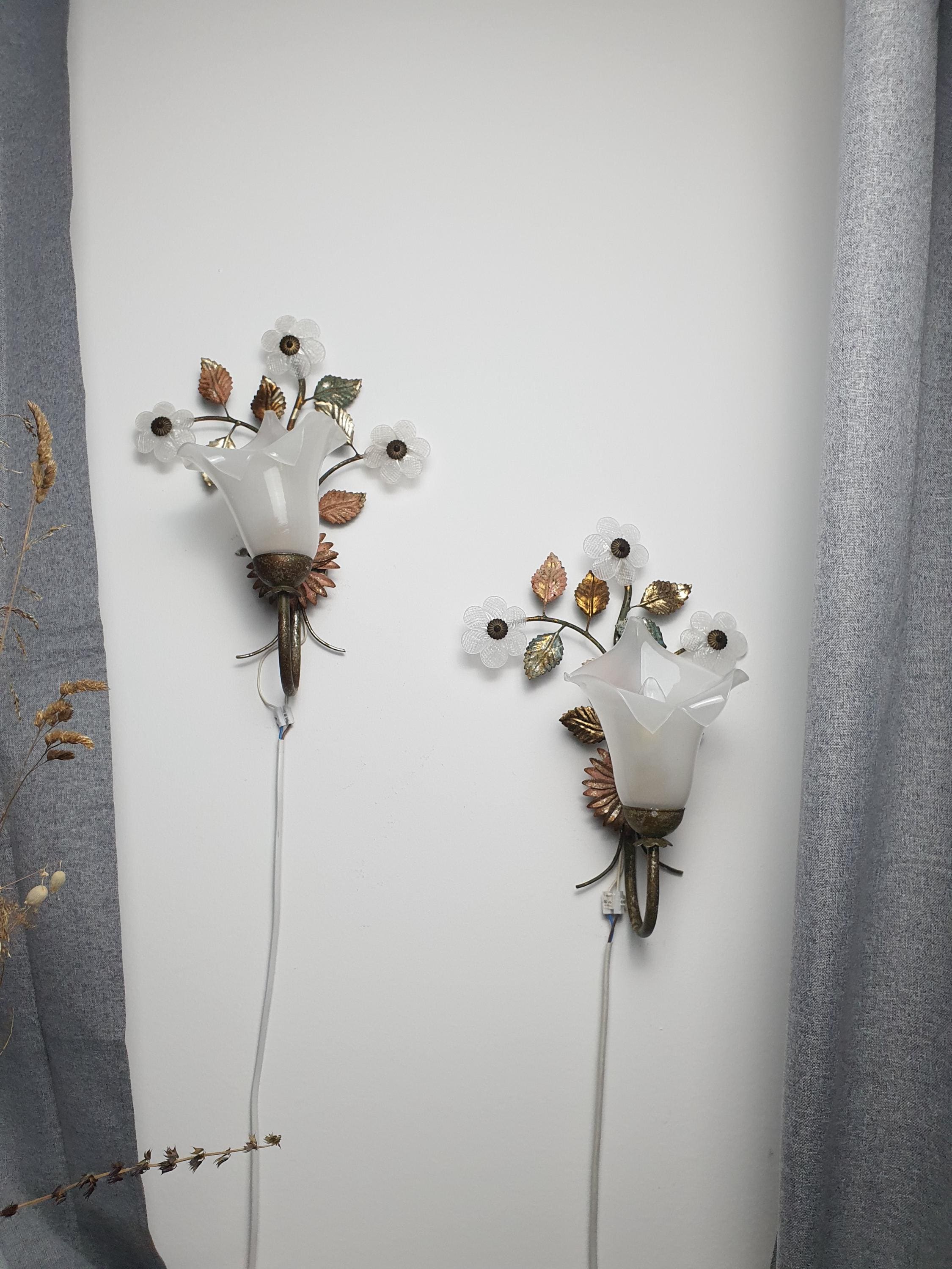 Aged bronze patina and Murano glass calla lily detail on vintage Italian toleware floral sconce, 1960s–1970s Italy