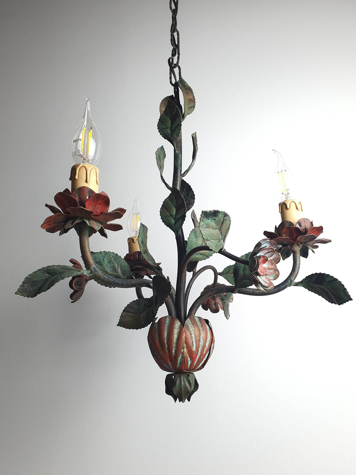 Handcrafted Italian toleware chandelier with a red and green floral design
