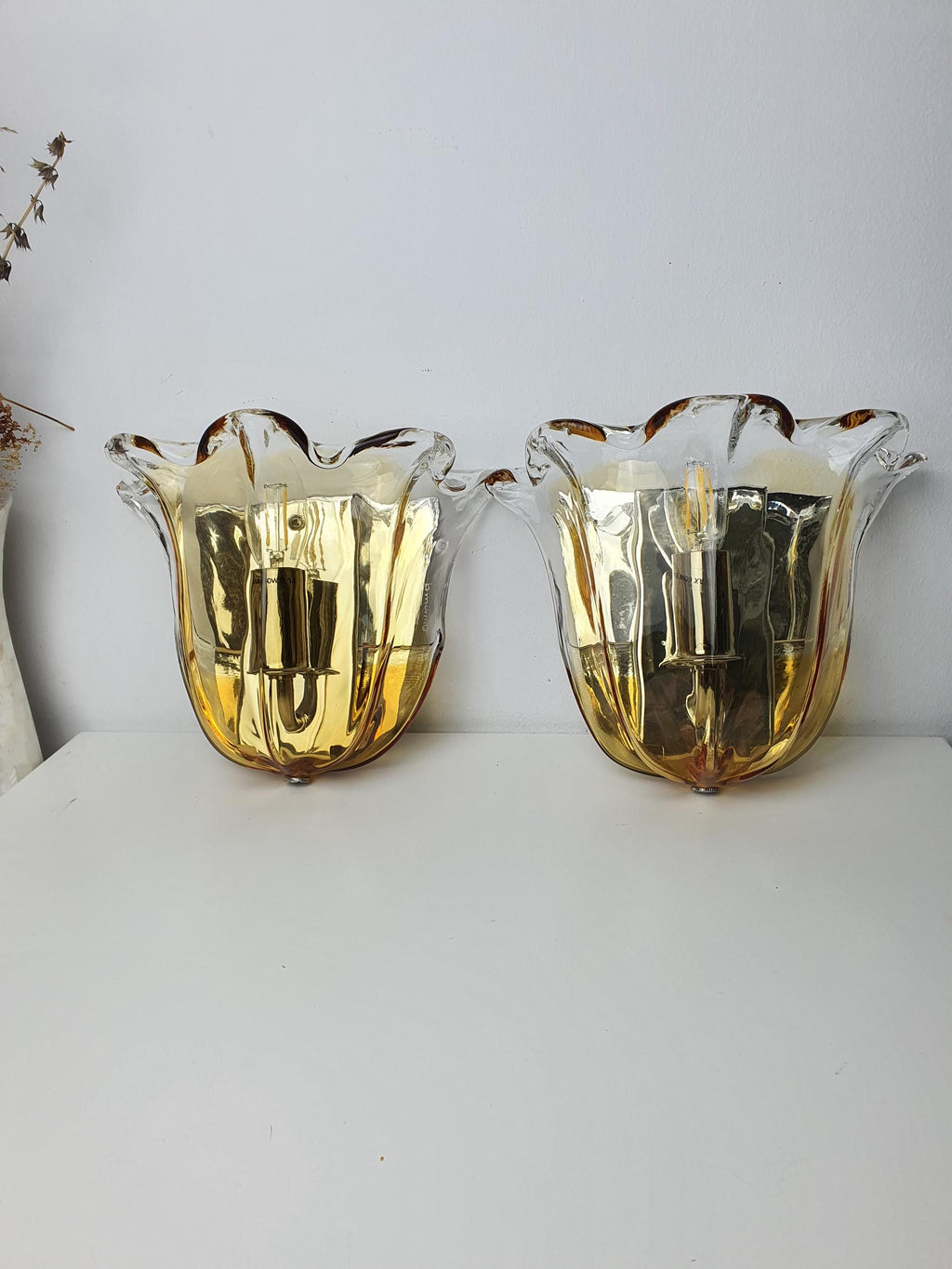 Pair of La Murrina Murano Glass Caramel Wall Sconces Clear Tulip Chrome
