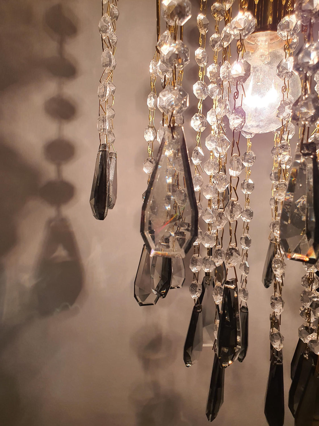Vintage Waterfall Chandelier: Gray Teardrop Crystals, Hollywood Regency Lighting