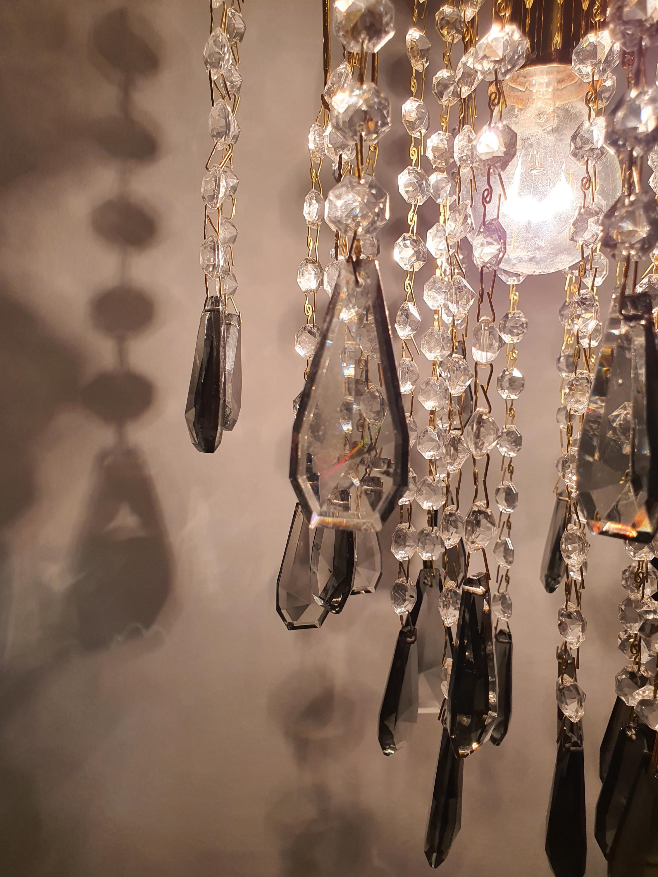 Vintage Waterfall Chandelier: Gray Teardrop Crystals, Hollywood Regency Lighting
