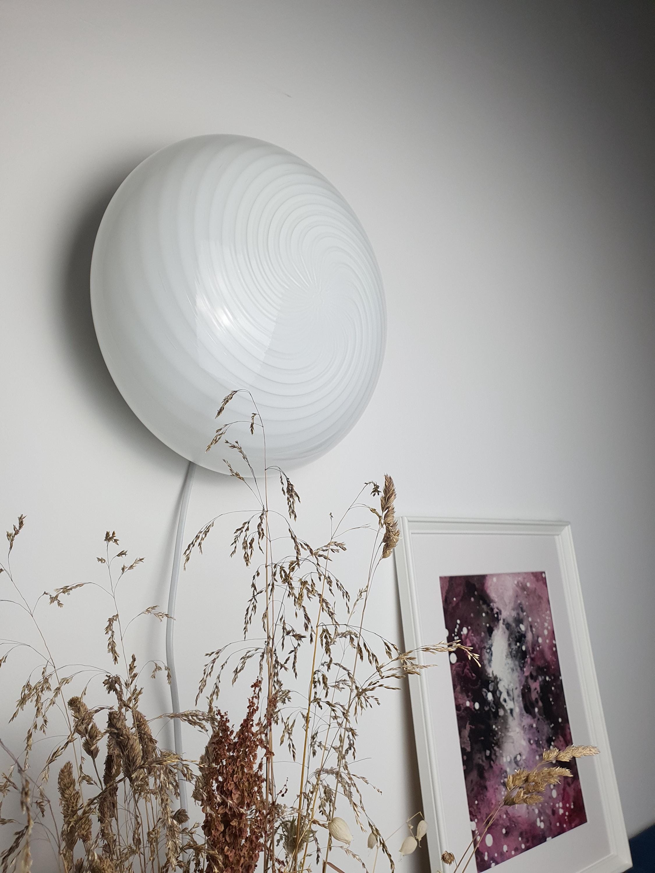 Vintage Murano Glass Flush Mount Light: White Swirl MCM Decor