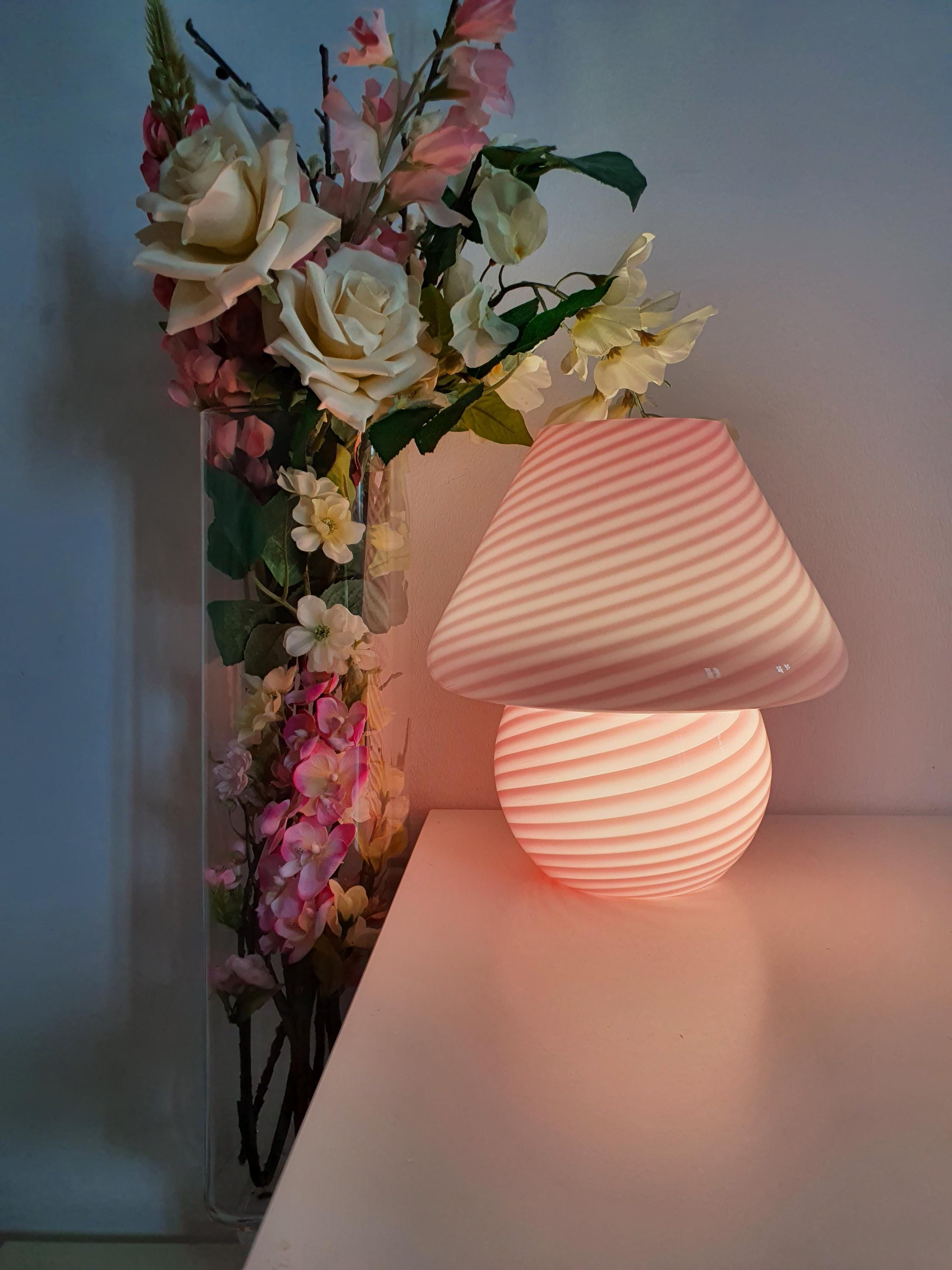 Candy Pink Swirl Murano Glass Lamp: Handcrafted Retro Accent Light