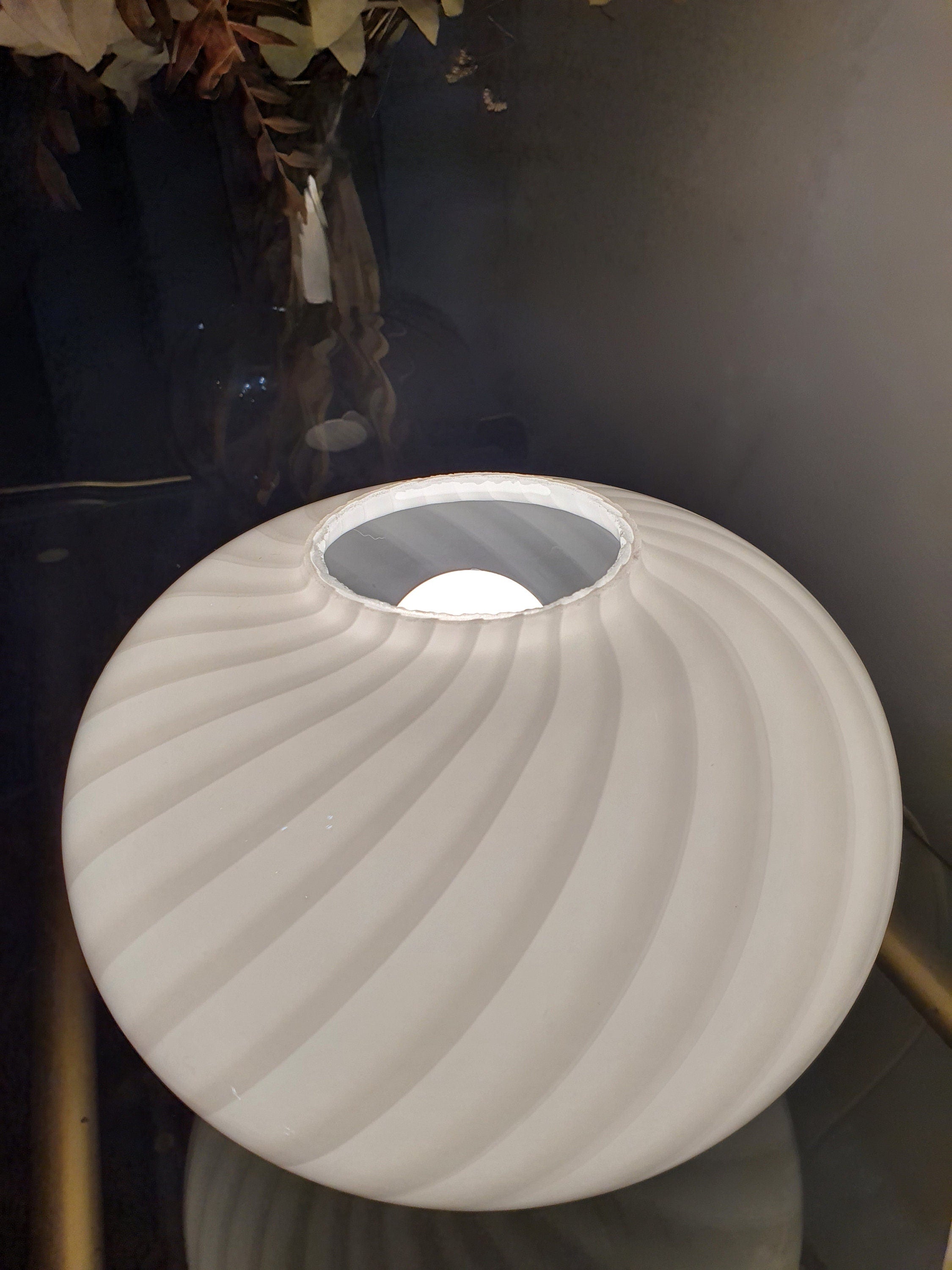 Murano Glass Table Lamp: White Swirl Globe, Golden Base, MCM Bedside Light