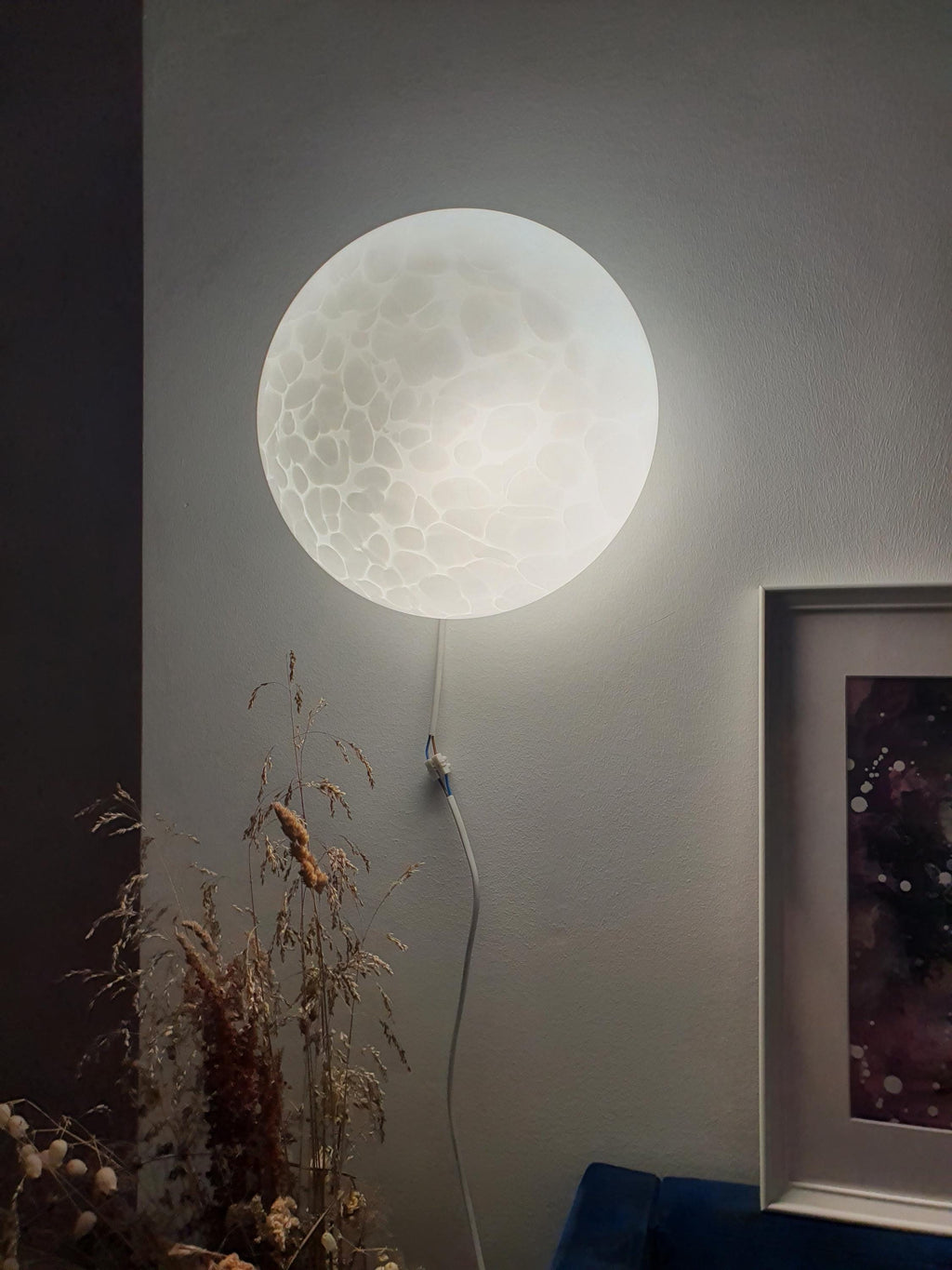 Vintage Murano moonstone flush mount installed as ceiling light, Japandi minimalist interior, warm glow